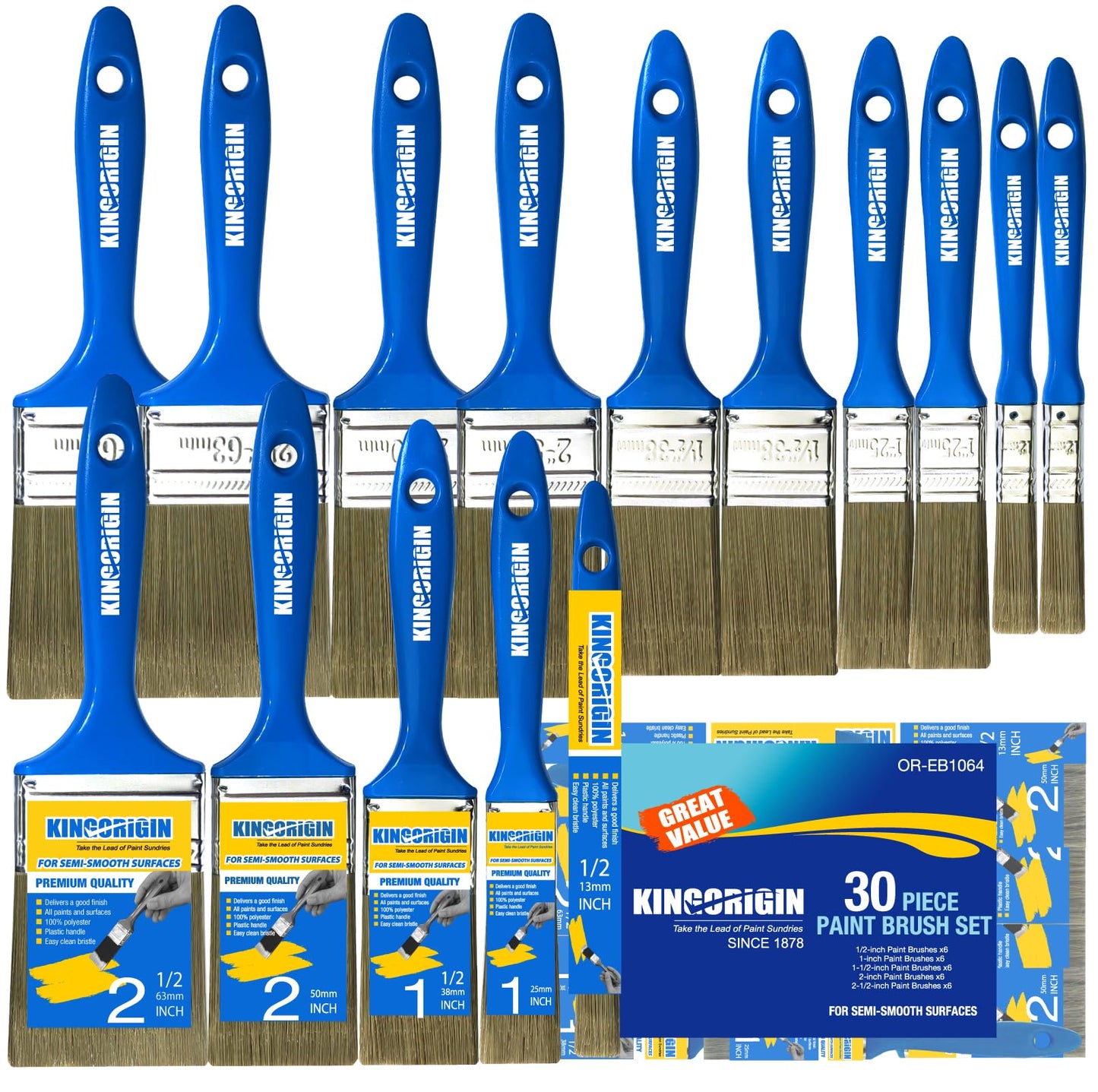 KingOrigin Versatile Paint Brush Set, 30 Pack, 5 Sizes Paint Brushes (0.5" 1" 1.5" 2" 2.5"), Small Paint Brushes for Walls, Furniture, Crafts -