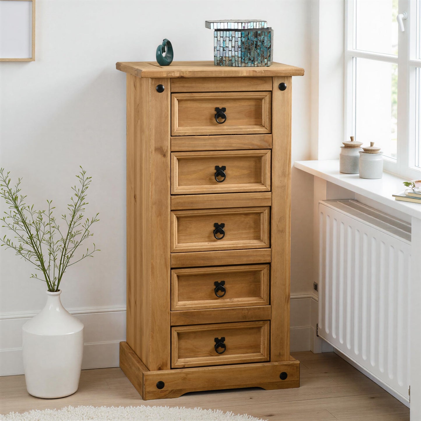 Seconique Corona 5 Drawer Narrow Chest in Distressed Waxed Pine