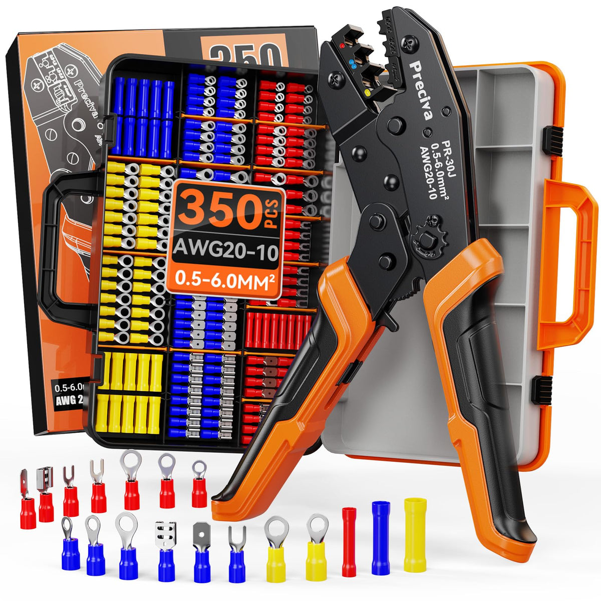 Preciva Insulated Crimping Tool Set with 350 Piece Crimp Connectors & Case, Wire Crimping Tool for 0.5-6mm? (AWG20-10) Bootlace Ferrules for