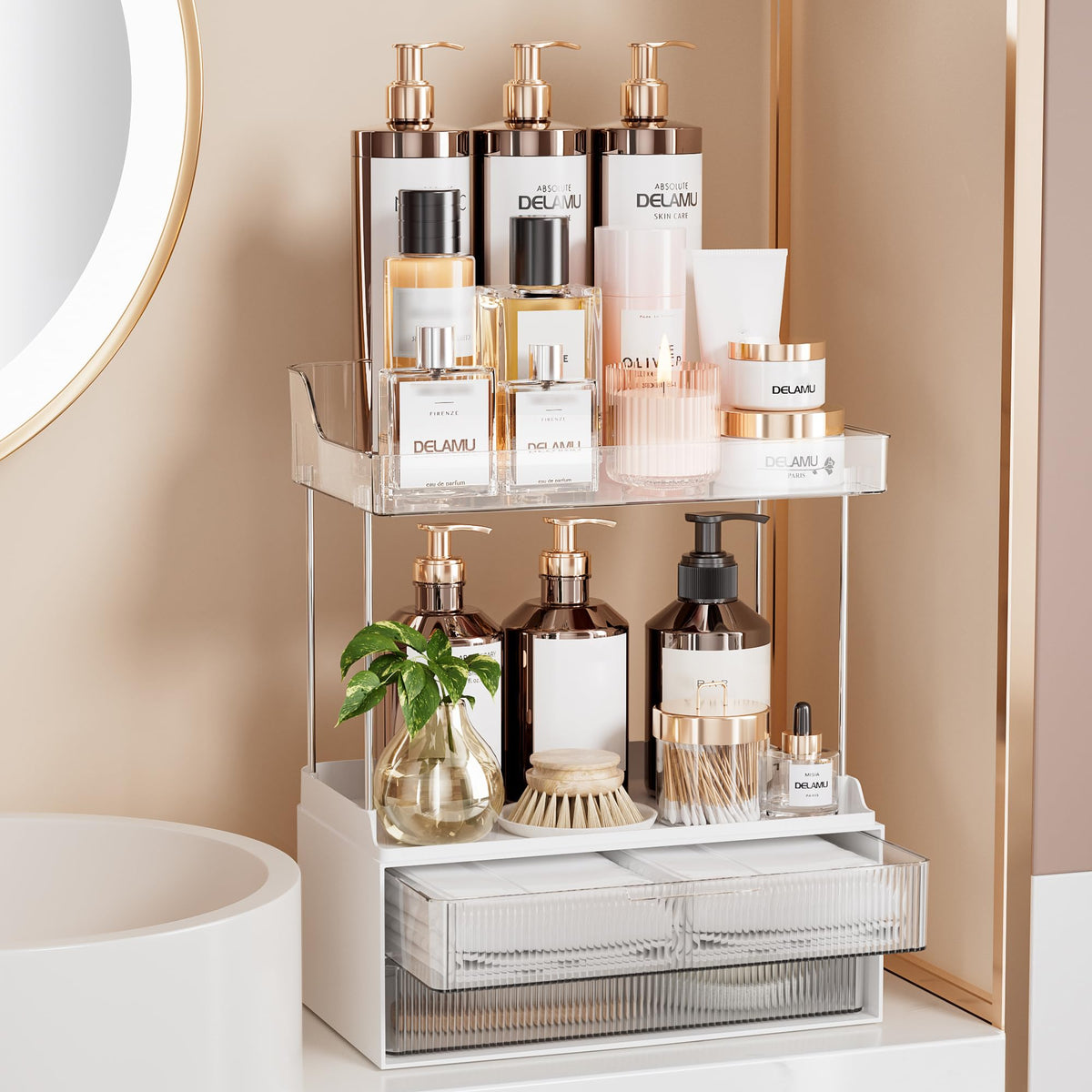 Delamu 2 Tier 2 Drawer Makeup Organiser Storage, Multi-Purpose Bathroom Organiser Countertop, Large Skincare Organisers, Exquisite Vanity Organiser,