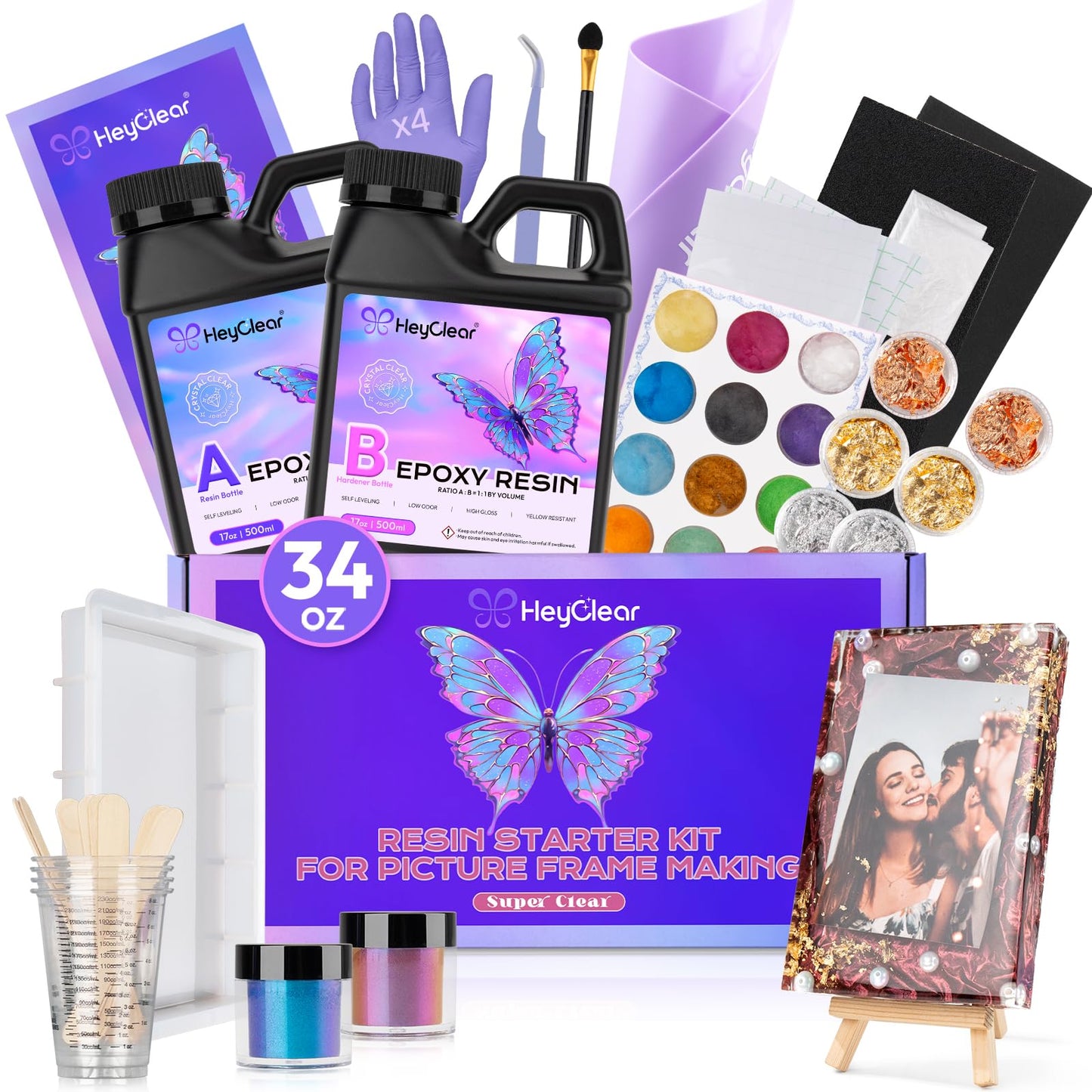 HeyClear Epoxy Resin Picture Frame Silicone Mould Kit -34oz/1L Super Clear and Hard Resina Complete Craft Accessories and Supplies Set for Casting
