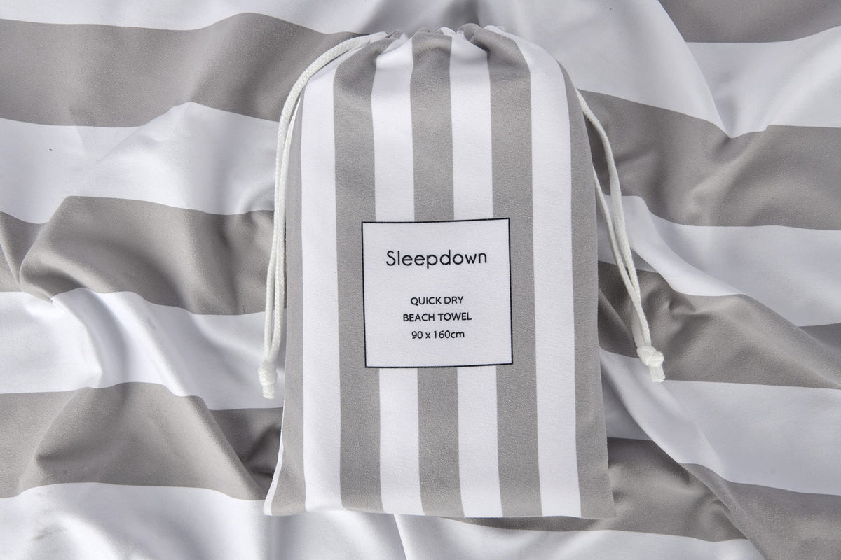 Sleepdown Striped Large Beach Towel Soft Microfiber Absorbent Swimming Pool Travel Camping Bath Sauna Gym Yoga with Bag - Grey - (160 x 90cm)