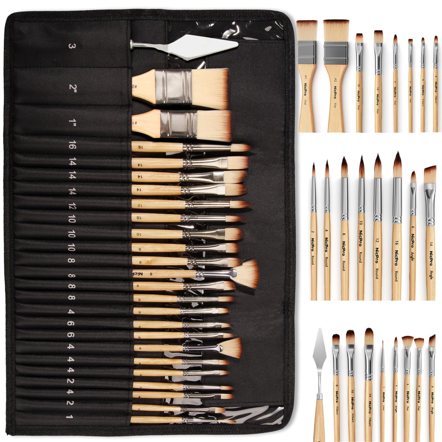 Nicpro 26pcs Paint Brush Set, Professional Paintbrushes with Cloth Roll, Artist Paint Brushes for Acrylic Painting, Oil, Watercolour, Gouache, Adults