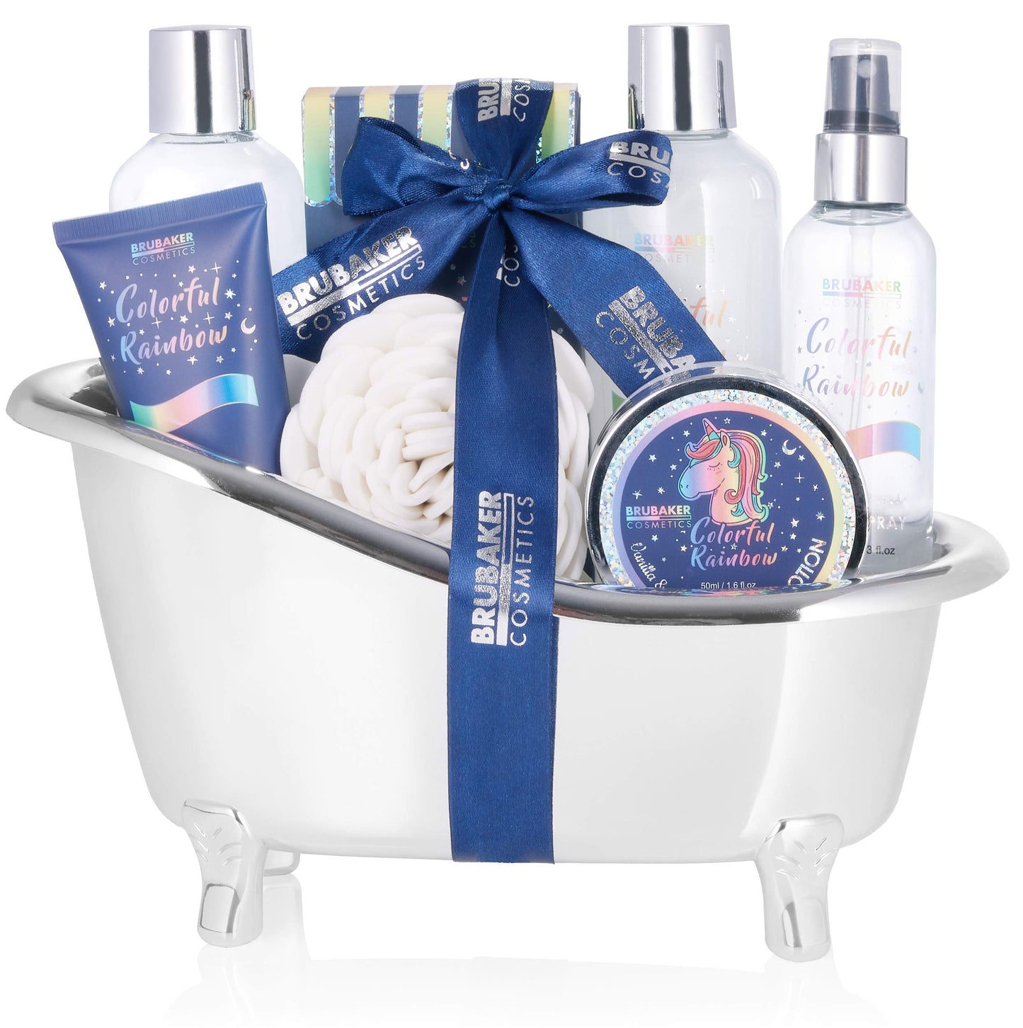 BRUBAKER Cosmetics Unicorn Beauty Set - Colorful Rainbow - Vanilla Lavender Fragrance - in Silver Tub (8 Pcs.)