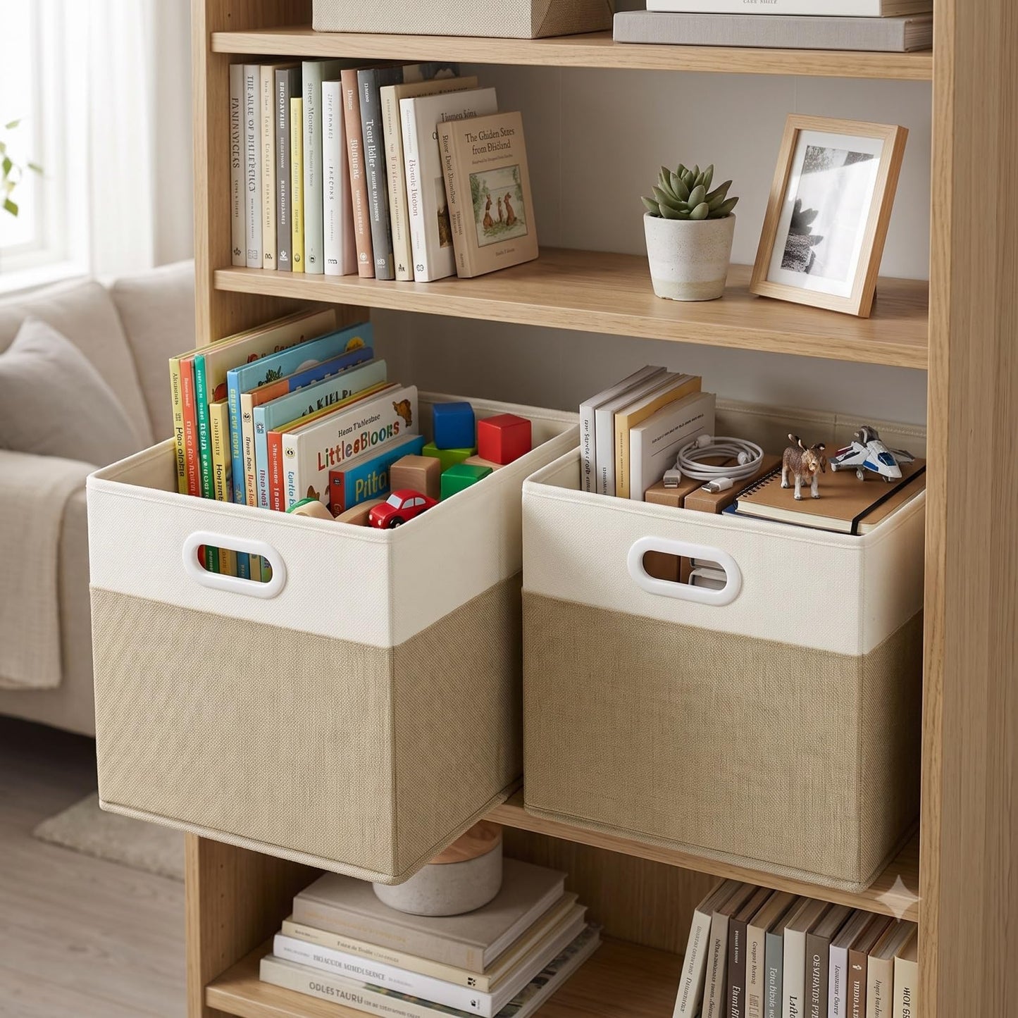 SOCOHOME Fabric Storage Boxes,25x25x25cm Storage Cube, Foldable Storage Baskets for Toys Nursery Closet(Light Khaki/Cream White, 3 Pack)