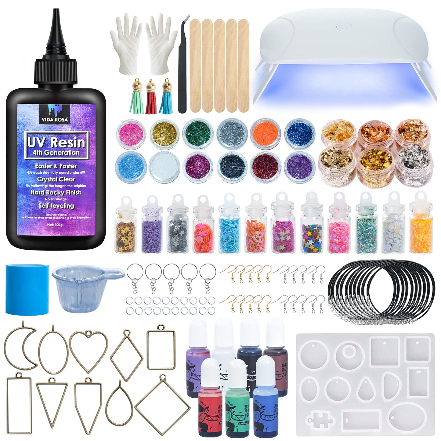 VidaRosa UV Resin Kit with Lamp, Super Crystal Clear Hard Resin Sunlight Curing Quick Starter Kit for Jewelry Making, Doming, Coating, and Casting,