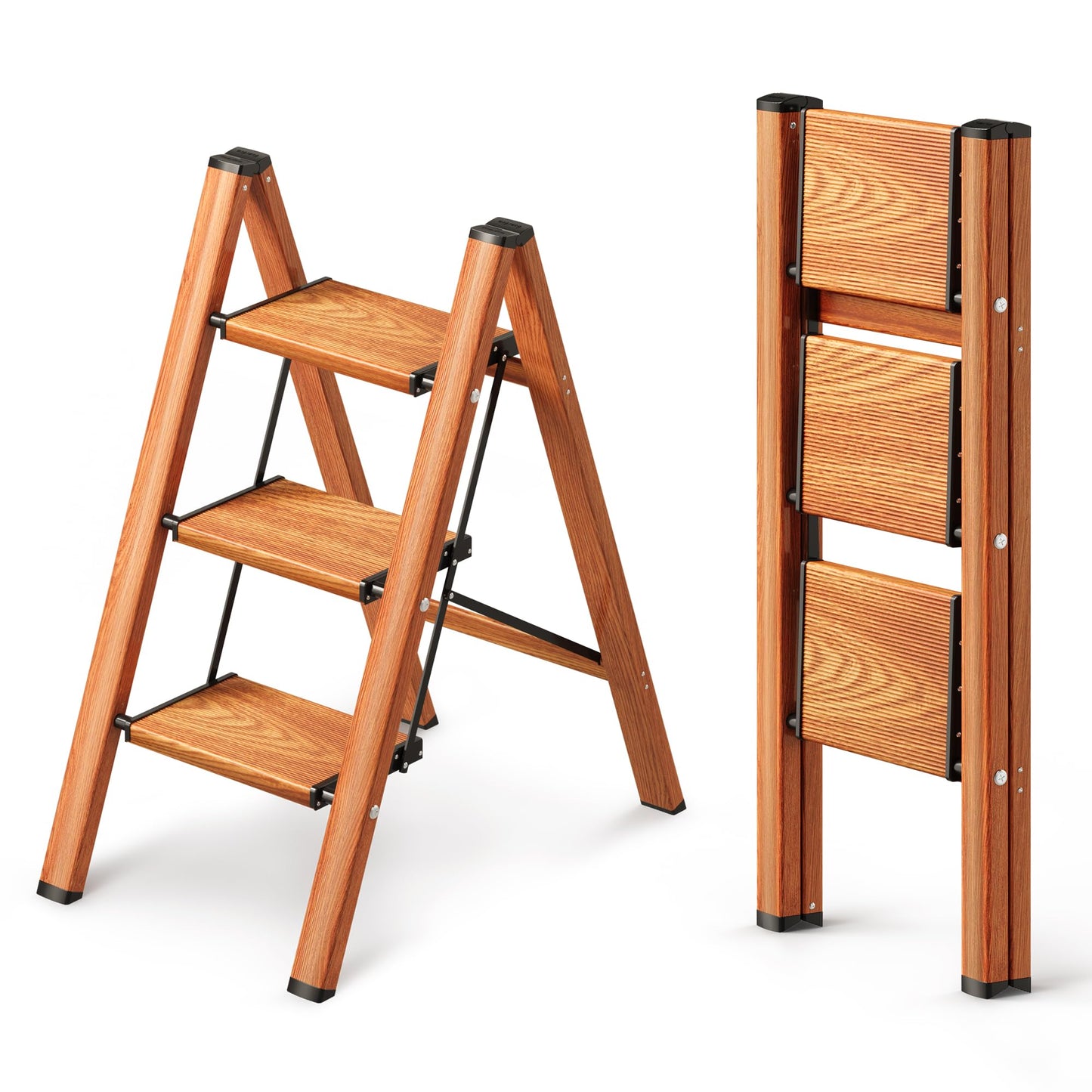 GameGem 3 Step Ladder, Folding Step Stool with Anti-Slip Wide Pedal, Aluminum Material Lightweight yet Sturdy, 150KG Load, Cute Modern Apperance for