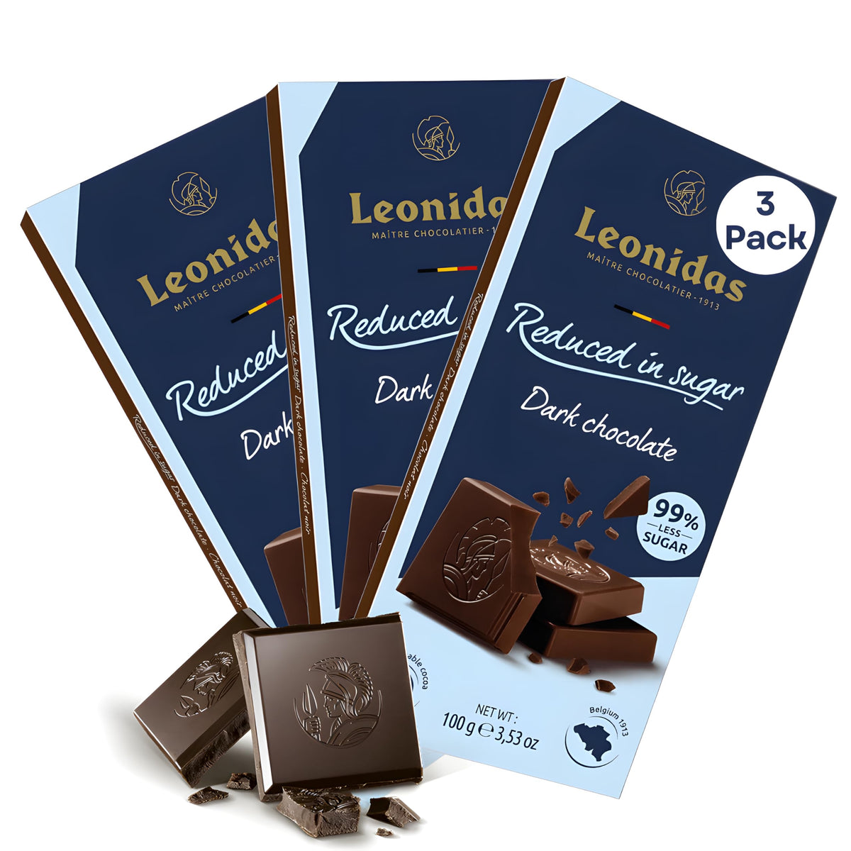 Leonidas 3 Pack Reduced in Sugar Dark Chocolate Tablet ? Premium Belgian Dark Chocolate ? Less Sugar, Same Intense Flavor ? Guilt-Free Indulgence for