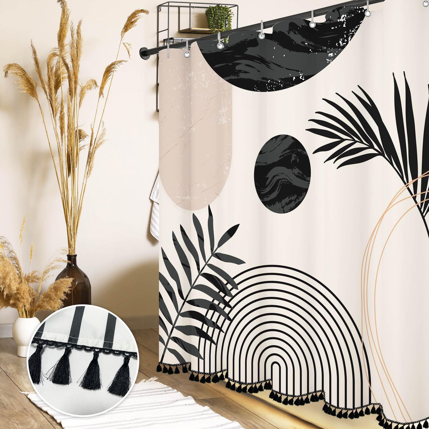 GiuMsi Boho Mid Century Leaf Shower Curtain Set,Arch Sun Design,Minimalistic Leaves Pattern,Waterproof and Luxurious Fabric-12 Hooks(Black and