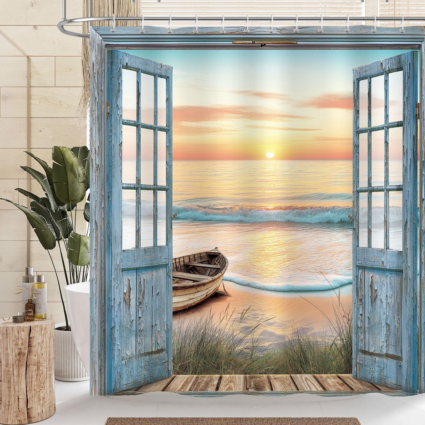 Dazzlewall Ocean Beach Shower Curtain, Vintage Wooden Door Sunrise Sunset Coastal Scene Bathroom Curtain Waterproof 180x180cm, Mildew & Mould