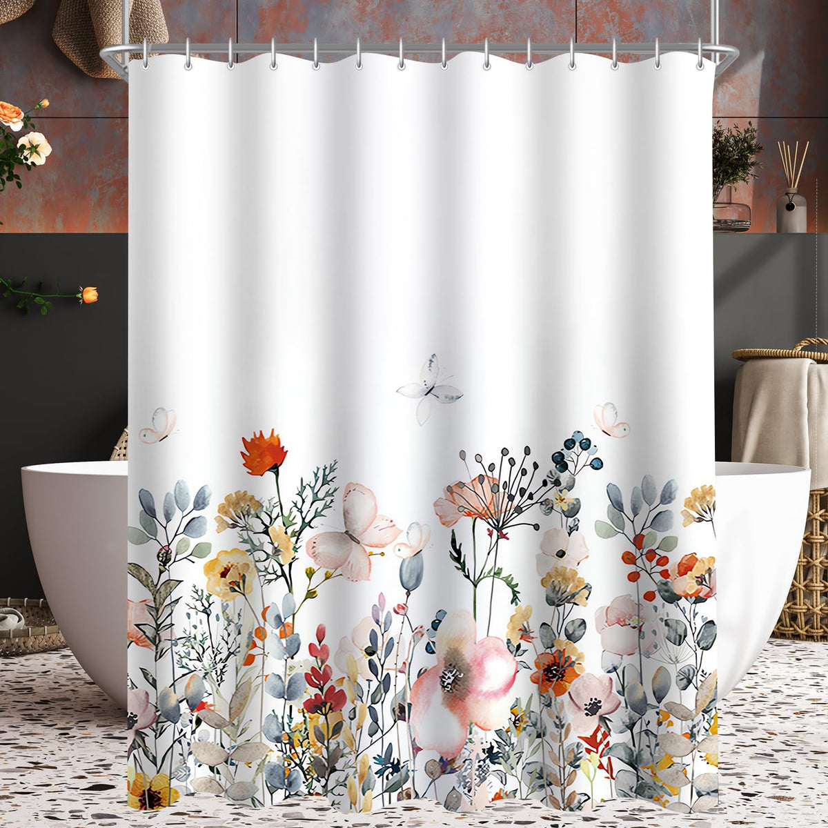 Lerores Shower Curtain 59x71 inch,Flowers Mould and Mildew Resistant,Waterproof,Washable Polyester Fabric Bath Curtains with Weight Tape,12 pcs Hooks