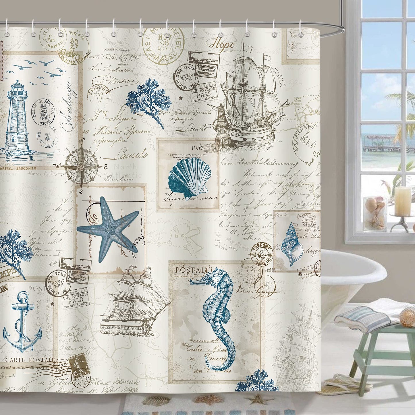 Bonhause Nautical Coastal Shower Curtain Vintage Sailboat Lighthouse Anchor Bathroom Curtain 180 x 180 cm Waterproof Mildew & Mould Resistant