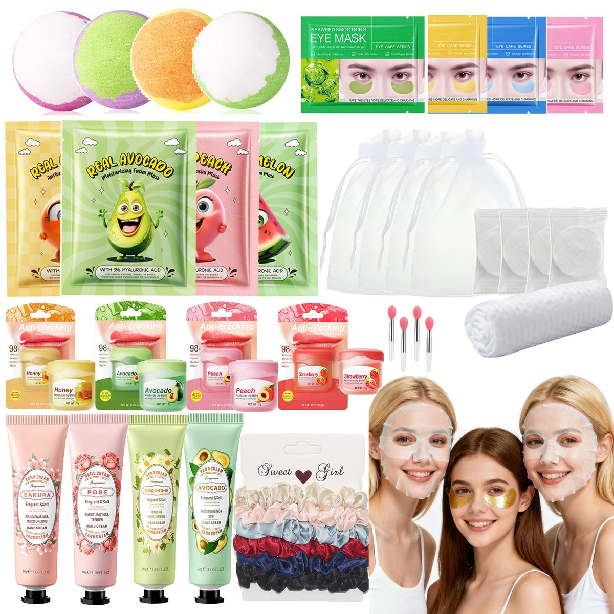 34PCS Sleepover Party Supplies for Girls, Pamper Skincare Gift for Spa Days & Birthday, 4 Set Spa Party Favors Kit Include Facial Masks Eye Mask Hand