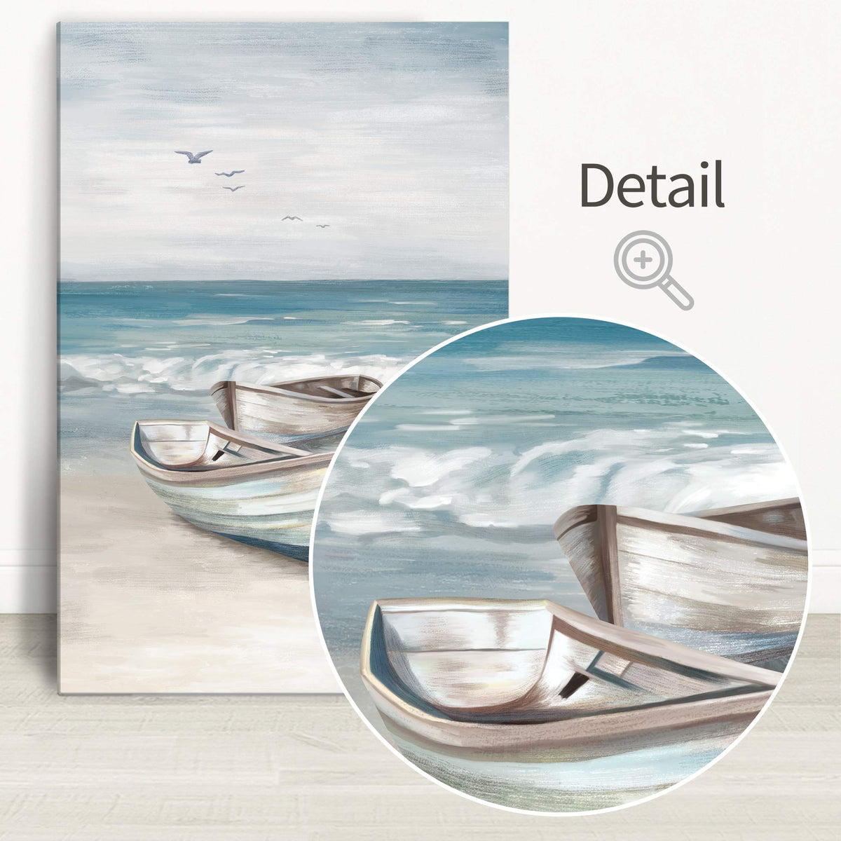SUMGAR Ocean Wall Art Blue White Sea Canvas Paintings Sandy Beach Pictures Boat Coastal Artwork Framed Seashore Prints Seaside View Home Decor for