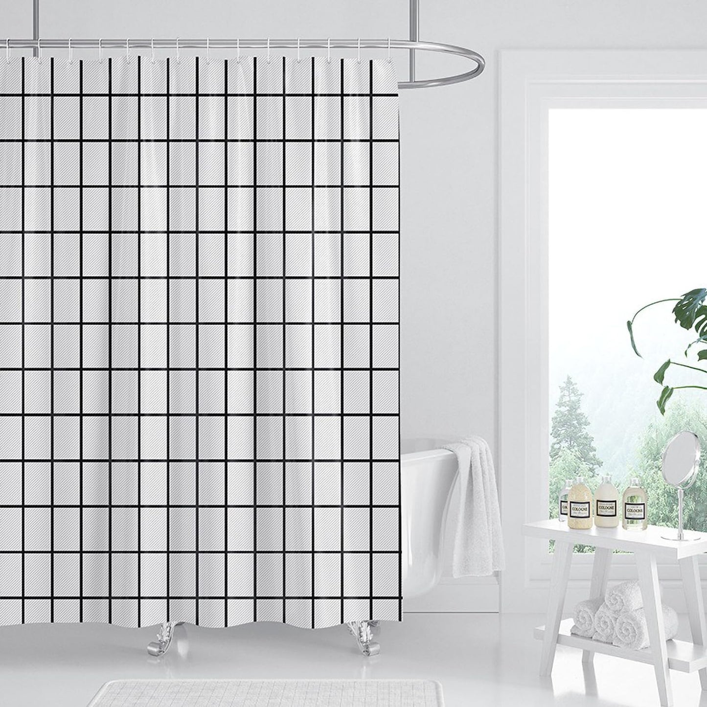FSZhenZuan Shower Curtain 240 x 200 cm Drop Water Repellent Anti Mould Wet Room Shower Curtain with Hooks Washable Polyester Fabric White Grid
