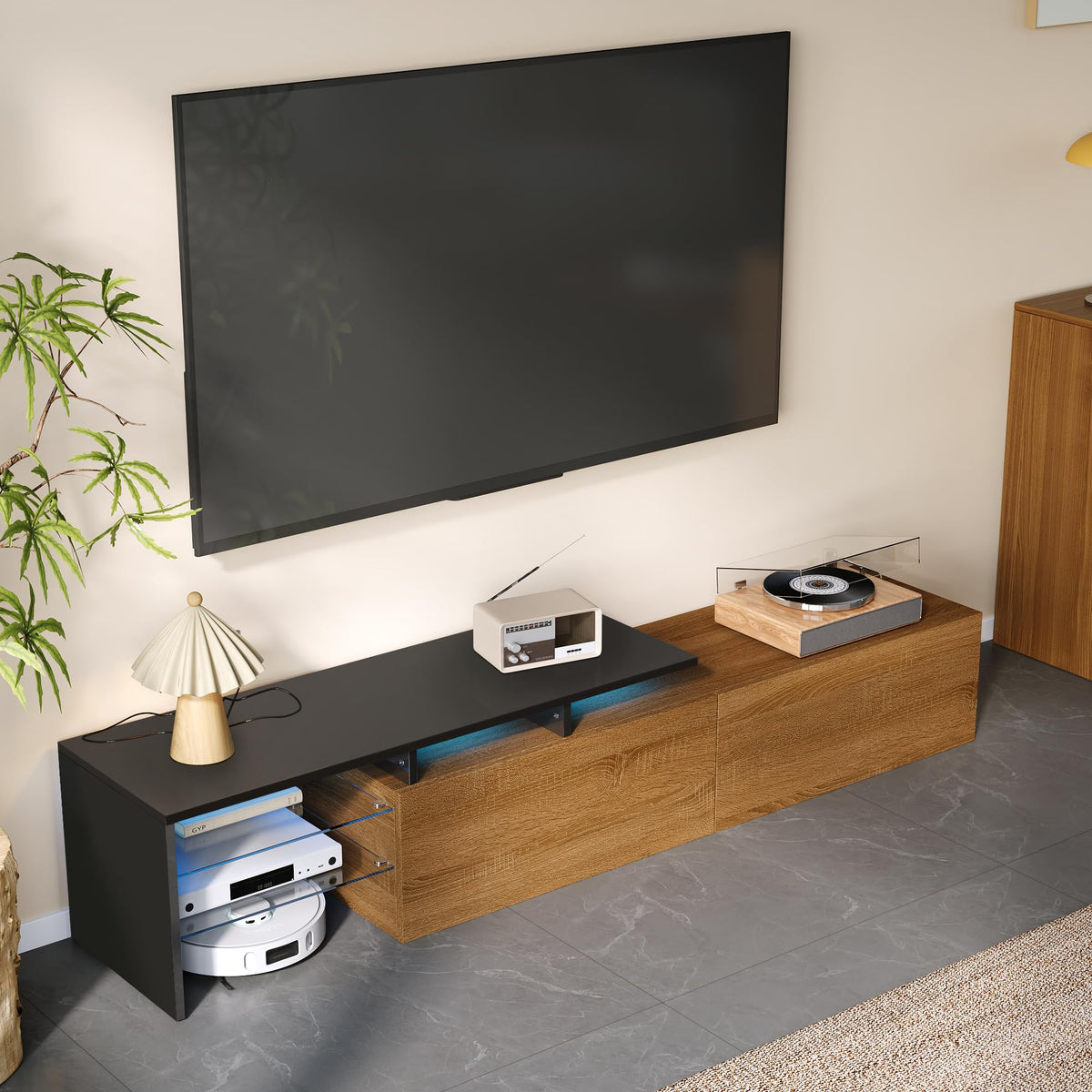 Ball & Cast Modern TV Cabinet Design: Stylish and Elegant, Practical Storage Space, Black and Wood Look, Glass Shelves, LED Lighting, 170x33x33.5cm