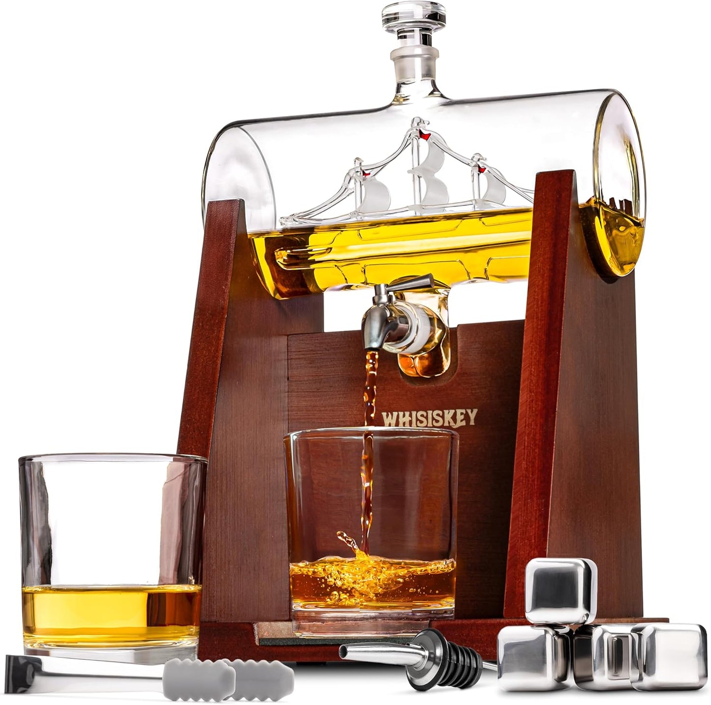WHISISKEY - Whiskey Decanter Set. New but open scruffy damaged box.