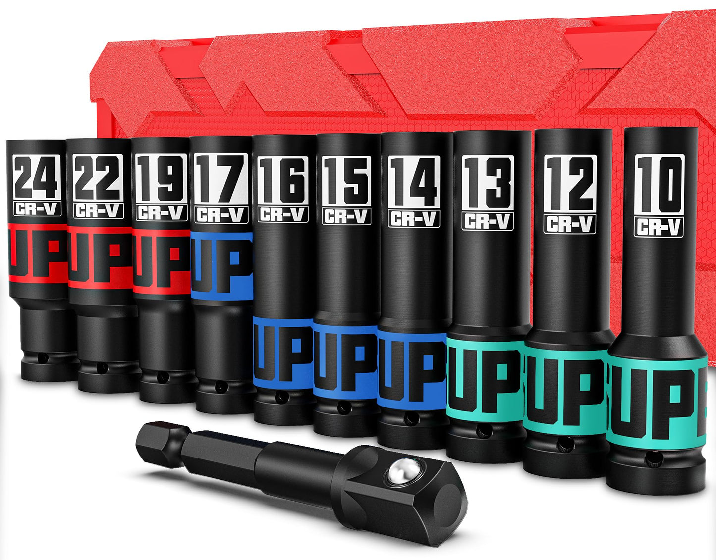 Aurlloct 1/2" Drive Impact Socket Set, 11Pcs Deep Sockets, 10-24 mm Hex Long Socket Set, with 1/4" Hex Shank to 1/2" lmpact Square Drive, Repair