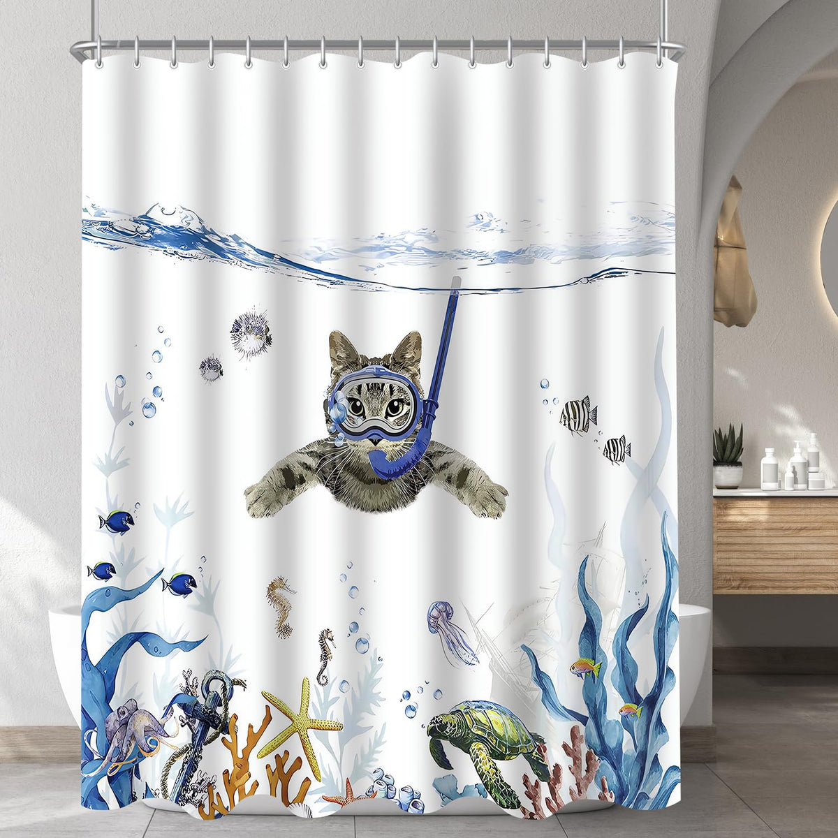 Lerores Shower Curtain 240 x 200 cm, Cat Swimming Anti-Mould Textile, Weighted Hem, Water-Repellent, Washable Polyester Fabric Bath Curtains 16 with