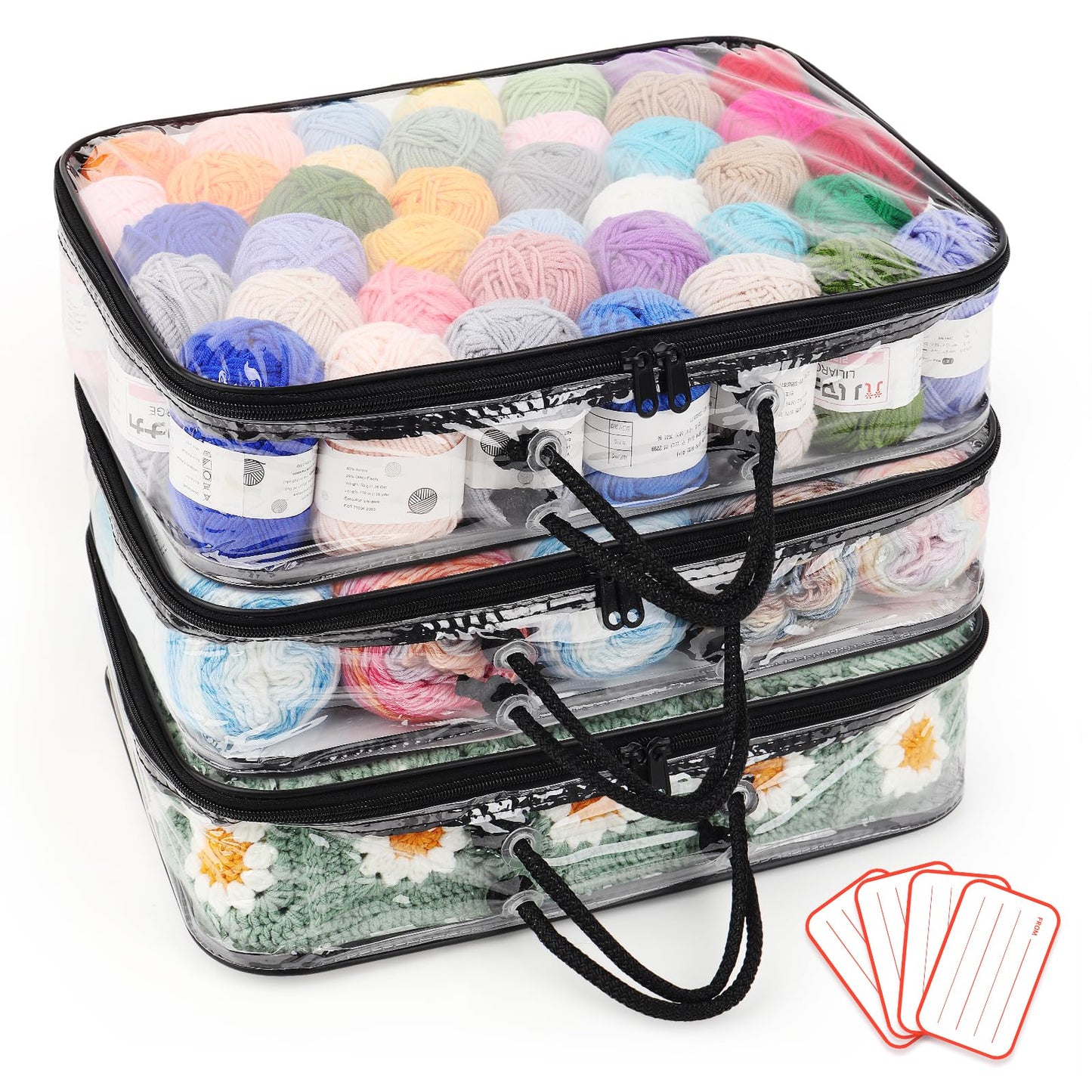 Coopay Clear Yarn Storage Organiser, 3pcs Portable Yarn Storage Organiser Unit, Dust-Proof Wool Storage Bag with 4 Lables, Knitting Organizers with
