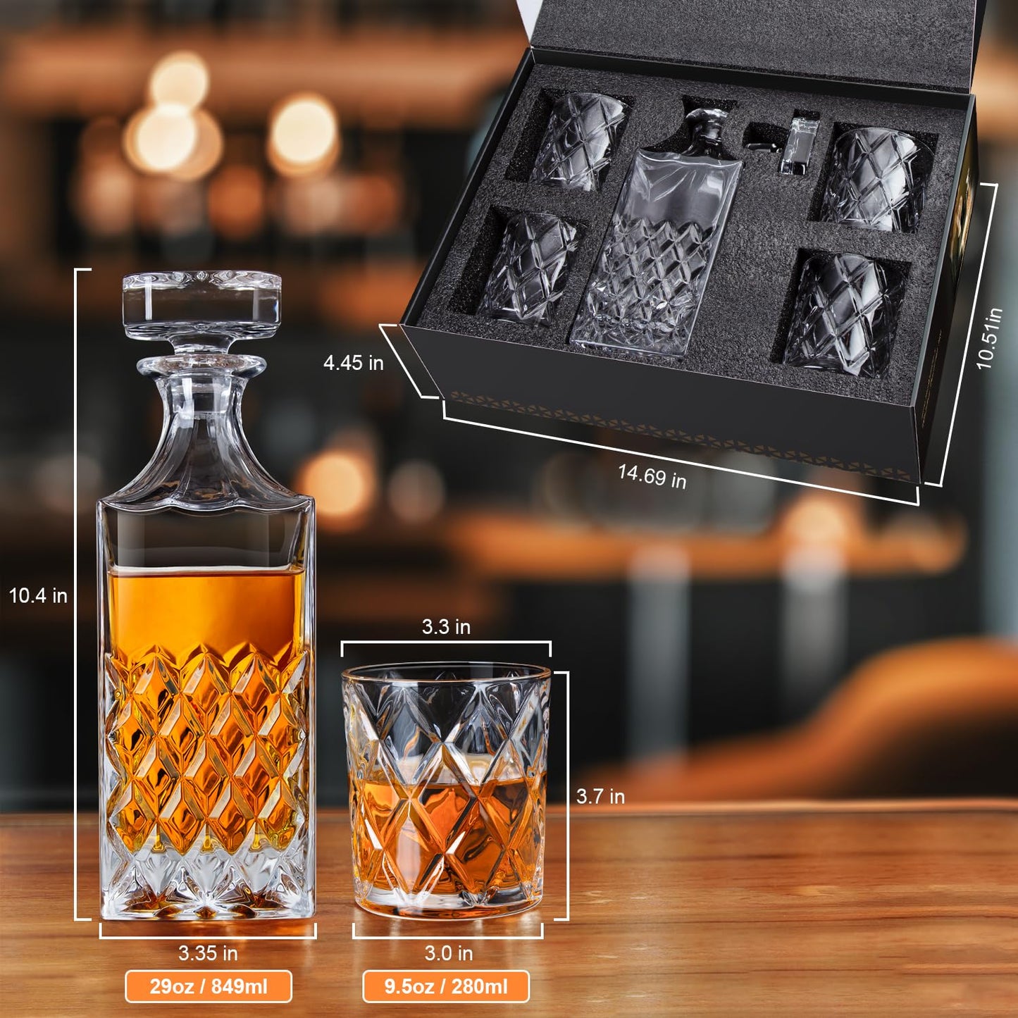 LIGHTEN LIFE Whiskey Decanter Set - 849ml With 4 Glasses in Gift Box, No-Lead Premium Bourbon Carafe for Men