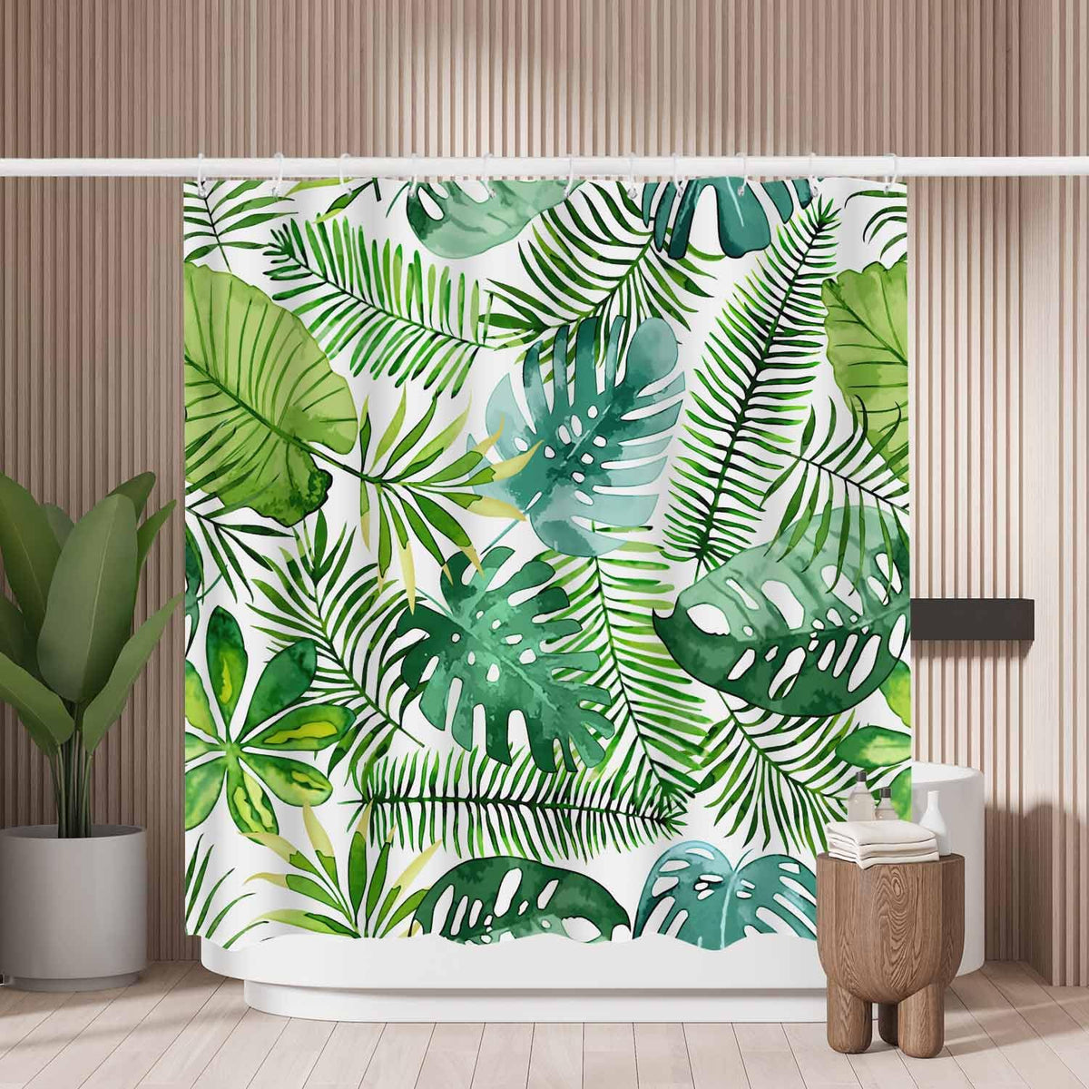 Woutay Shower Curtain Water Repellant Fabric Green Tropical Plant Leaves,Mould Proof Resistant,Polyester,with 12 Plastic Hooks