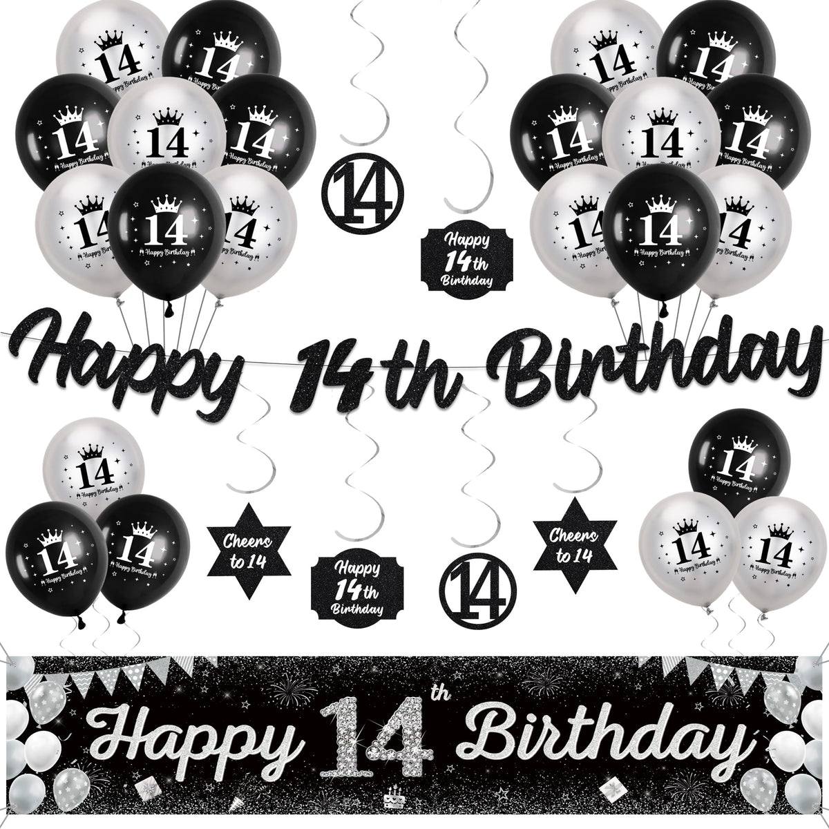 14th Birthday Decorations for Boys Girls - Black Silver Happy 14th Birthday Yard Garland and Banner, Glitter Hanging Swirls Decor and Latex Balloons