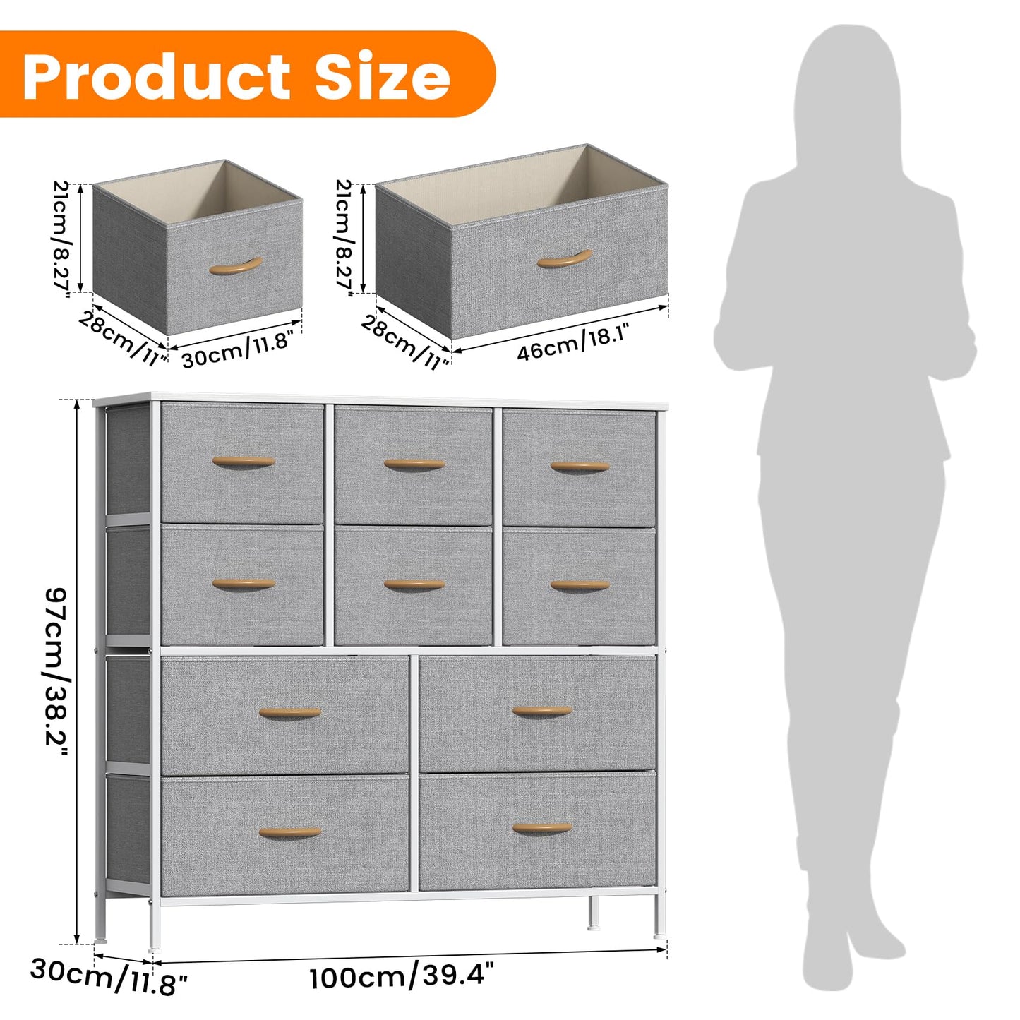 GoaHi Chest of Drawers, Large Dressers with Metal Frame and MDF Wooden Top Board, Adjustable Feet, Anti-Tip Safety