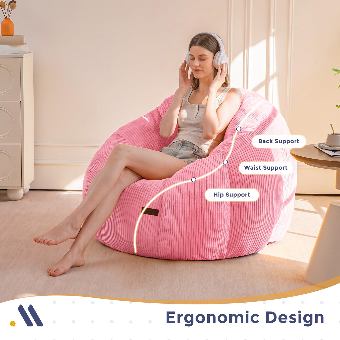 MAXYOYO Bean Bag Chair,Pumpkin Shaped Bean Bag Sofa Includes Filling,Comfy Corduroy Beanbag Sofa for Living Room Bedroom