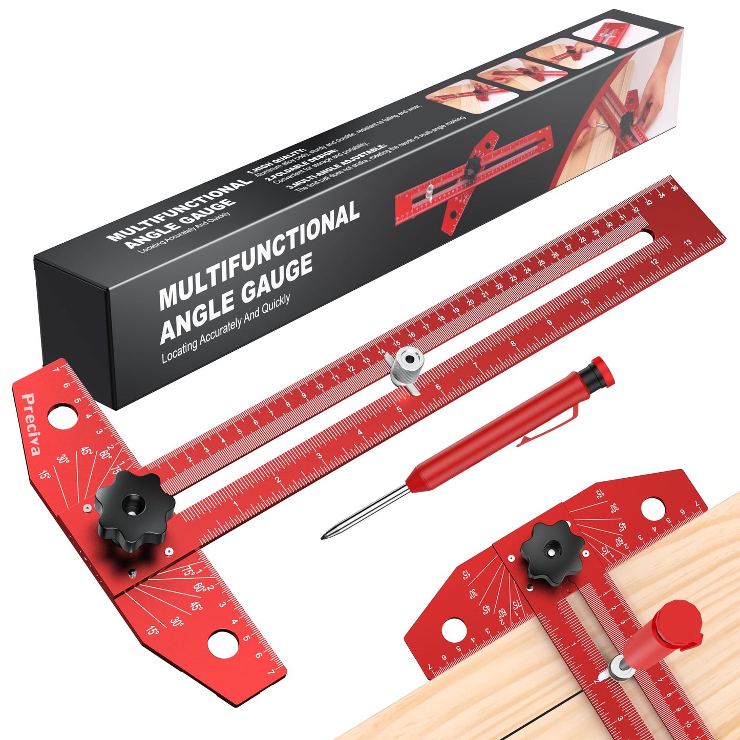 Preciva T Square with Carpenter Pencil, Foldable Aluminum Alloy Set Square with Sliding Knob, Multi-function Woodworking Tools for Measure Angles,