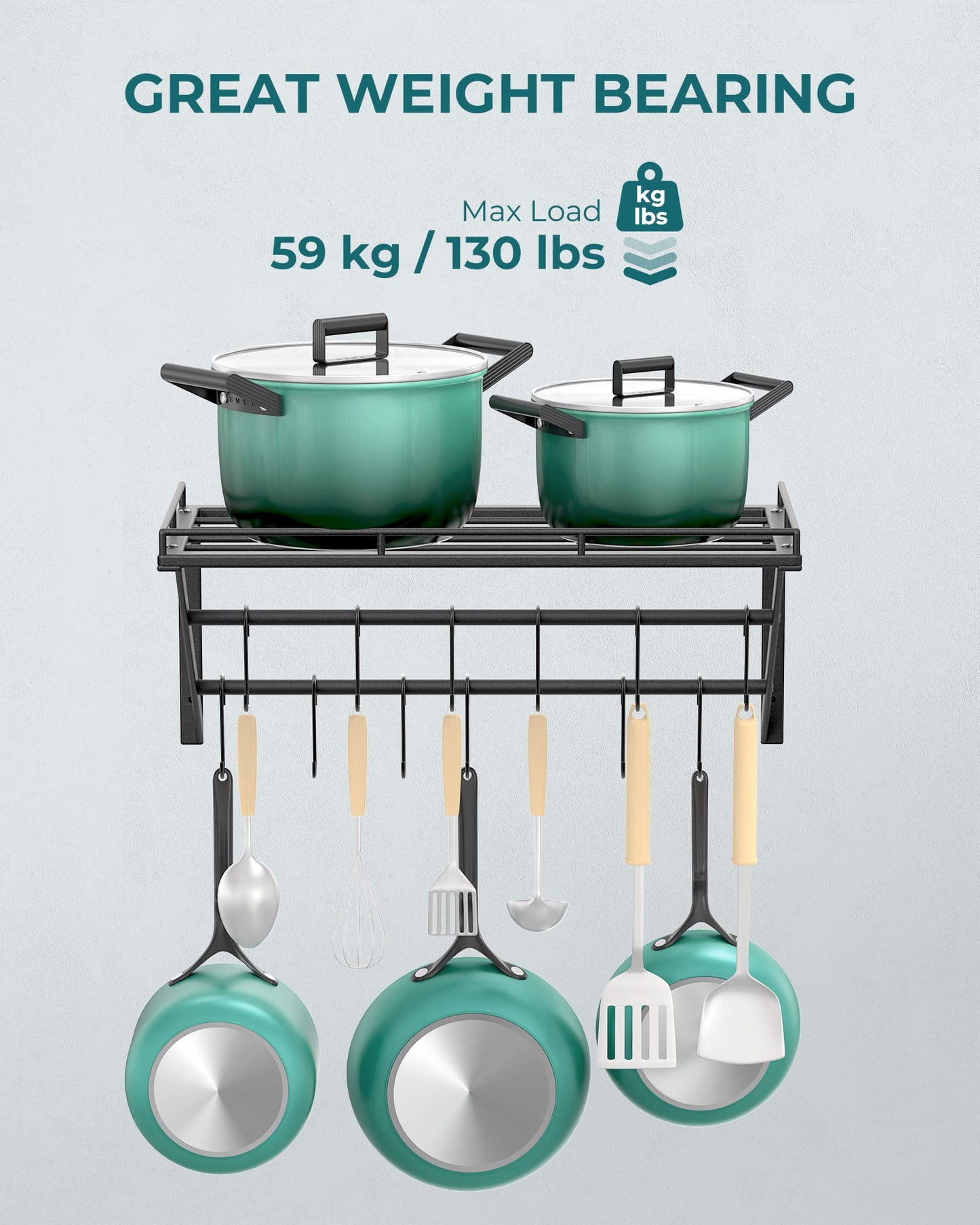 OROPY Wall Mount Pot Pan Racks, Saucepan Hanging Rack, Kitchen Utensils Hanging Shelf with 2 Rails, 12 Hooks, 60cm