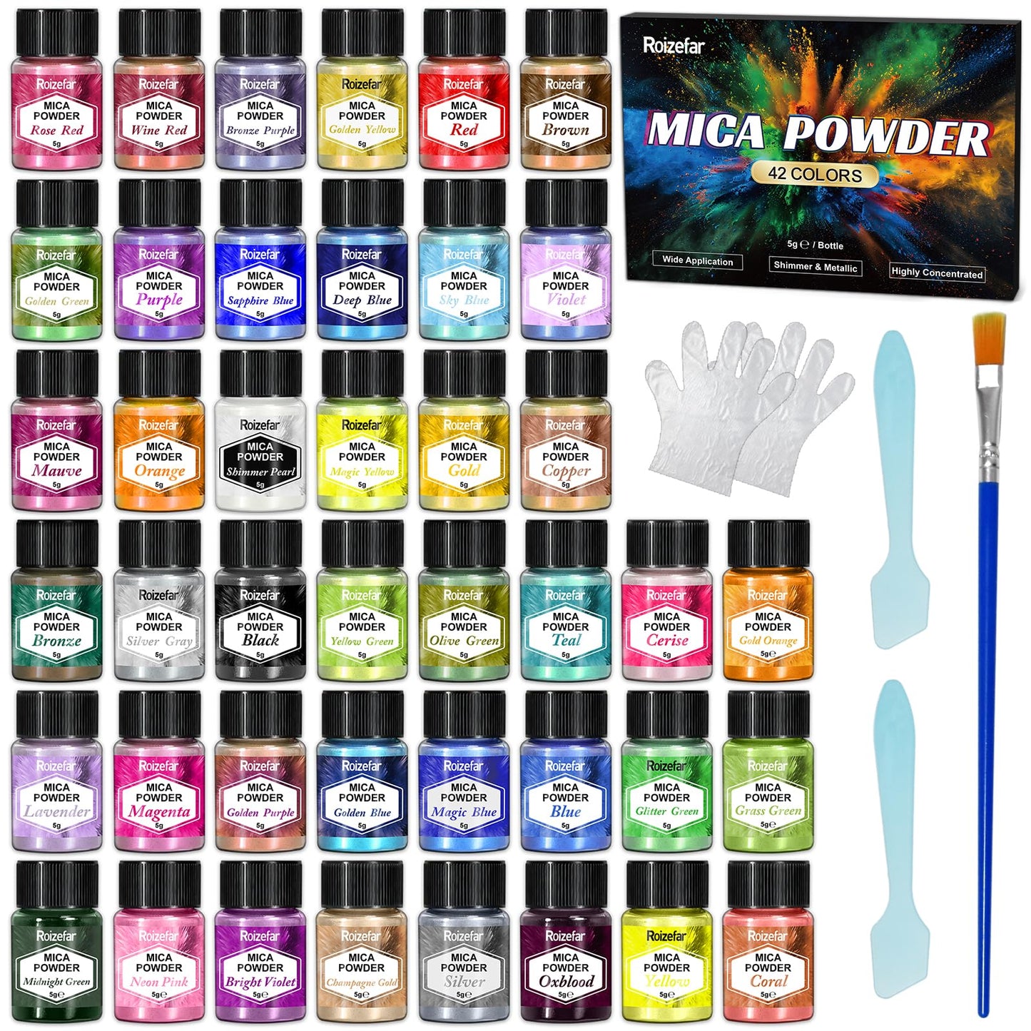 Roizefar Mica Powder, 42 Colours x 5 g Pearlescent Epoxy Resin Pigment Metallic Powder for Soap Paint, Jewellery Making, Nail Polish, Epoxy Resin,