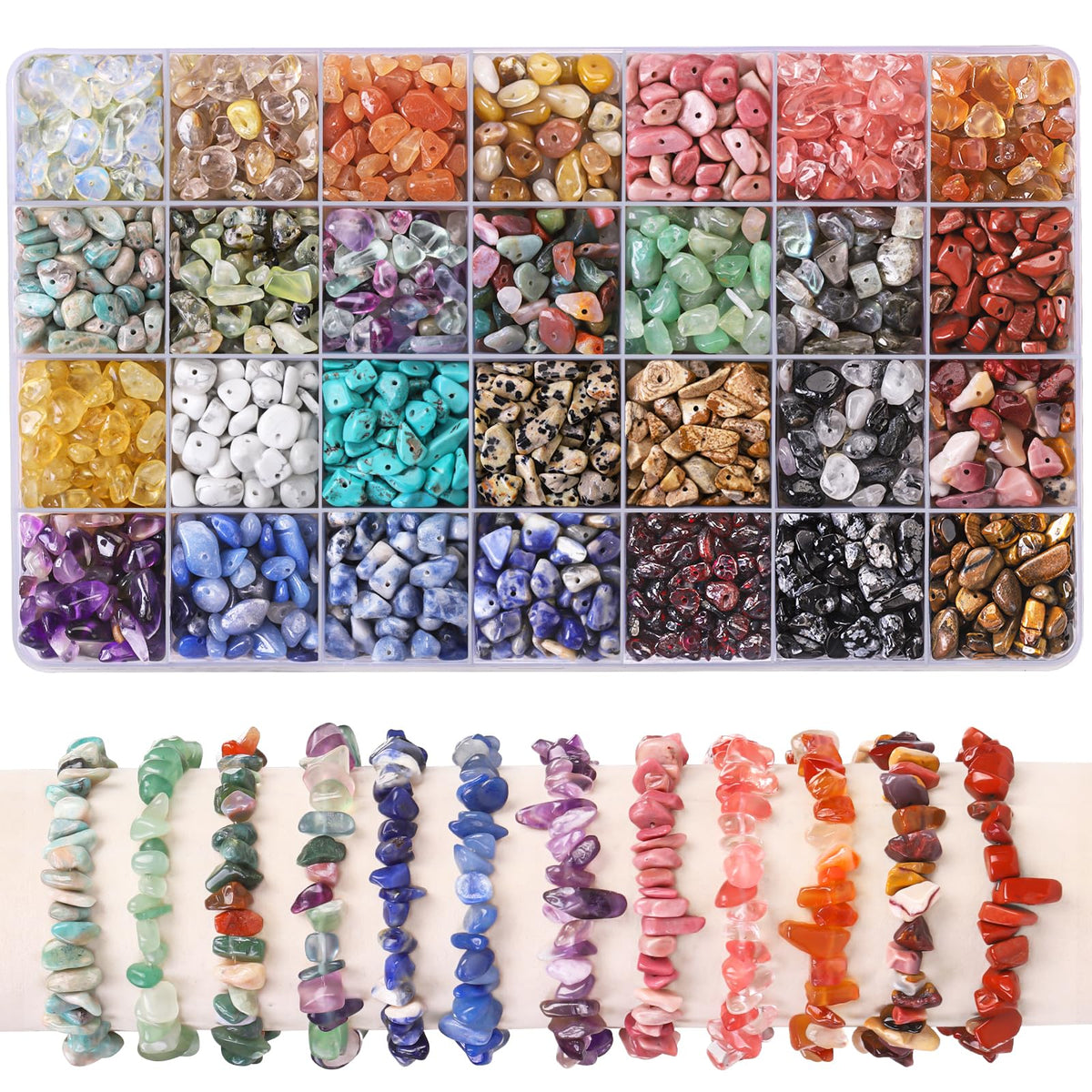 DTYDECLE1400pcs Gemstone Chip Beads, 28 Colors 5-8mm Crystal Beads for Jewellery Making Natural Irregular Crushed Chip Drilled Stone Bead for DIY