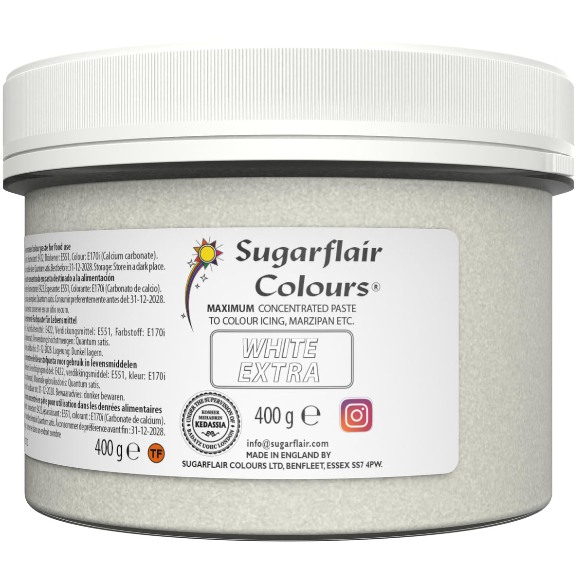 Sugarflair White Extra (E171 Free) Food Colouring Paste, Maximum Concentrated Food Colouring for Buttercream, Sugar Paste, Royal Icing, Cake Mixes and