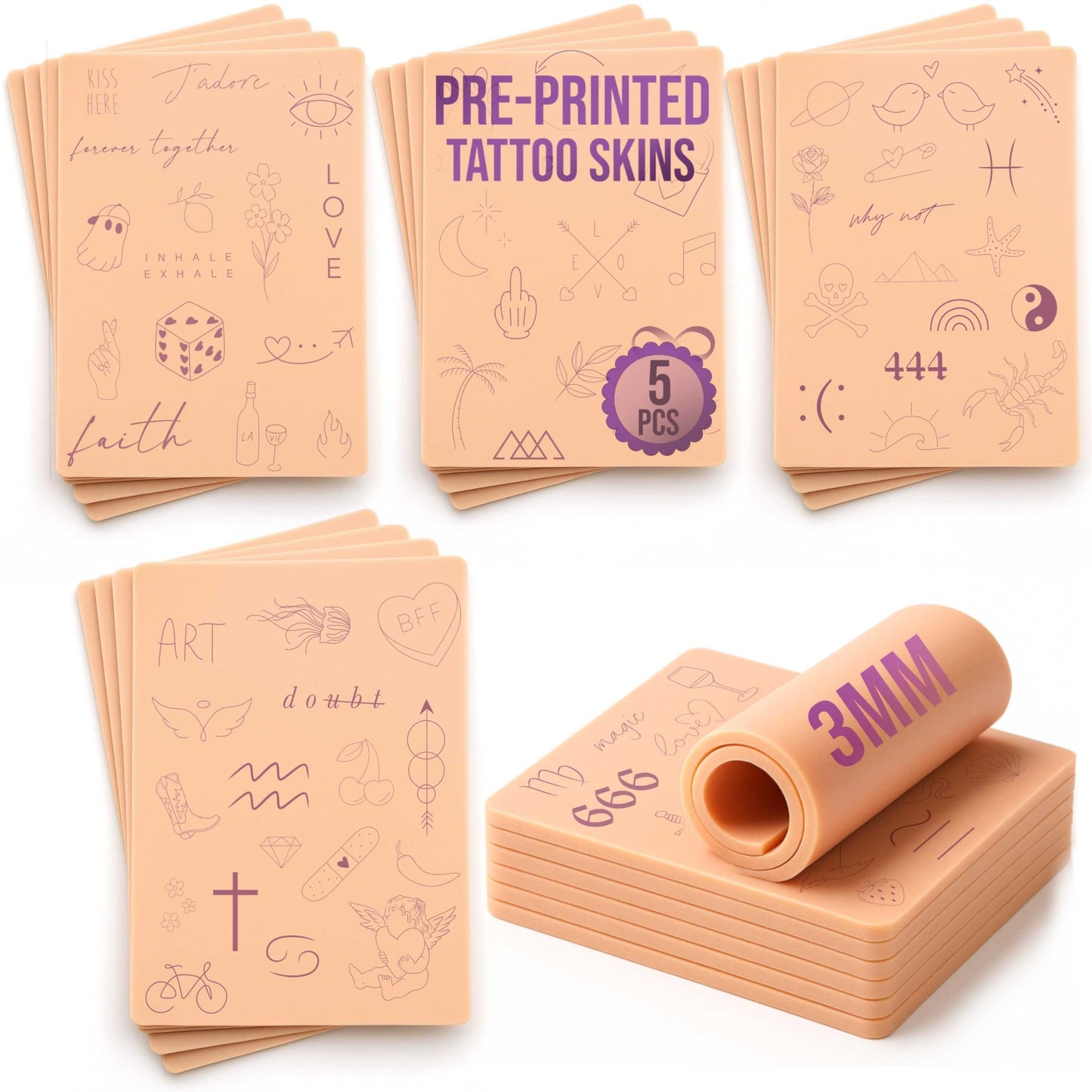 5 Pre-Printed Tattoo Practice Skins | Free Tutorial | 3mm Fake Skins for Tattooing (Fine Line Set of 5, Normal Skin)