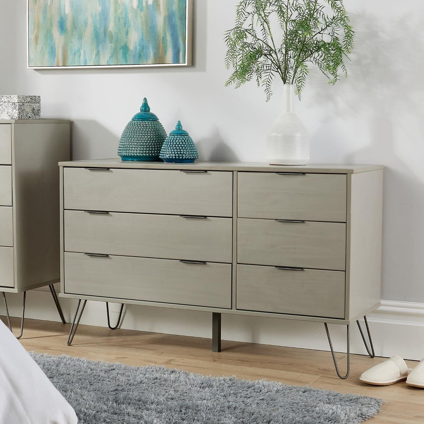 Home Source Acadia Chest of Drawers Cabinet Organiser Industrial Wooden Bedroom Storage Unit, Grey, 6 Drawer