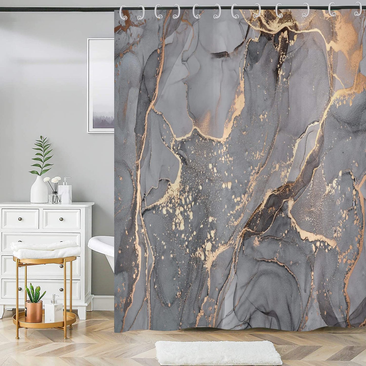 ASDCXZ Shower Curtain Marble 180x220 cm, Modern Abstract Grey Gold Black Marble Optic Texture Washable Bath Shower Curtains Polyester Textile