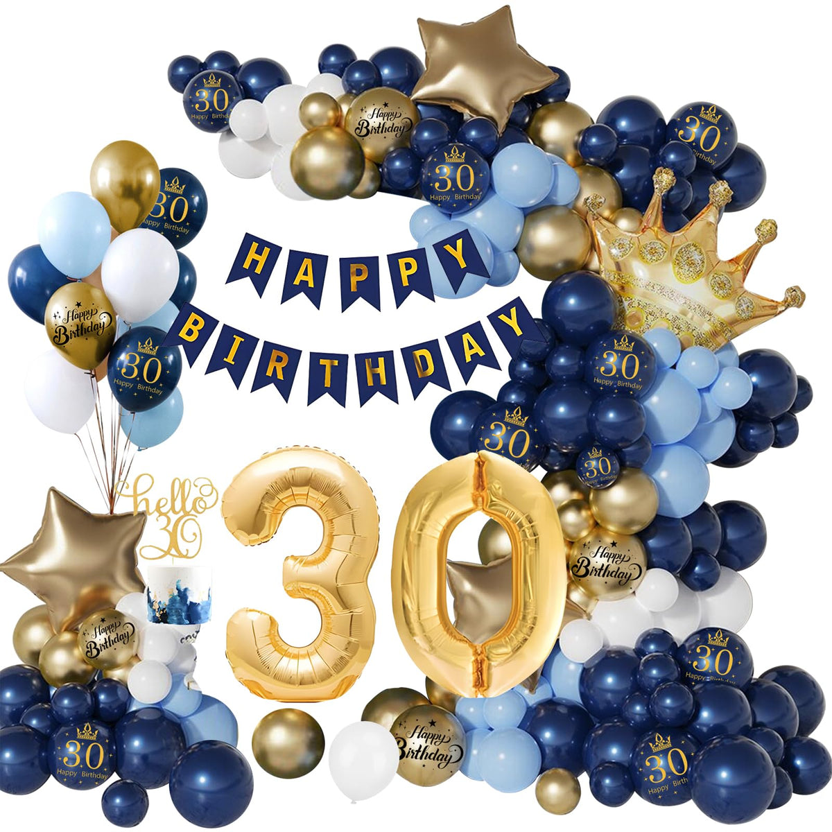 30th Birthday Decoration for Men, Navy Blue Gold White 30th Party Balloons, 30th Happy Birthday Banner Decorations, Number 30 Balloons for Men Party
