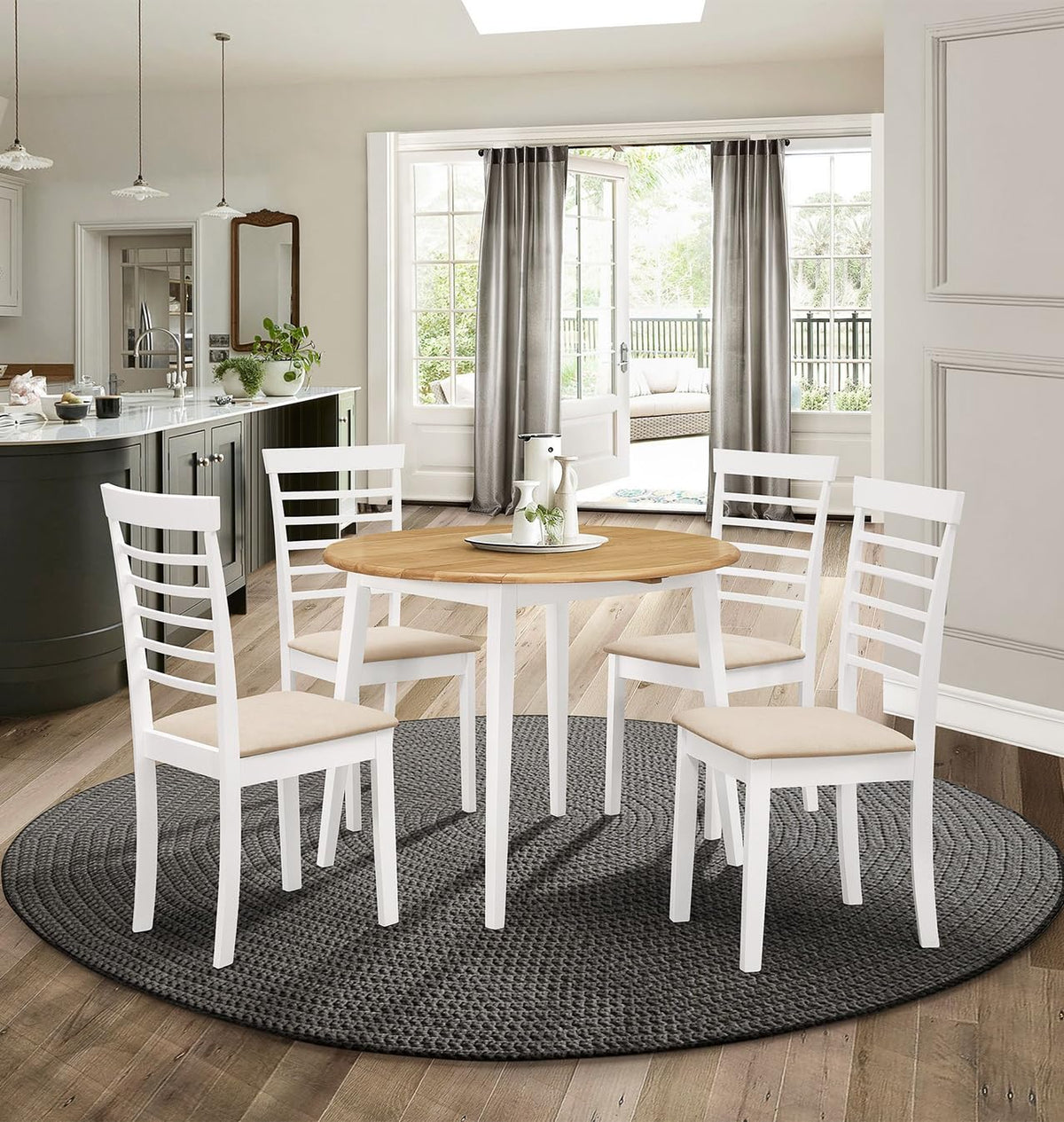 Hallowood Furniture Ledbury Small White Round Dining Table and Chairs Set 4, Foldable Wooden Drop Leaf Table Kitchen Table and Chairs in Cream Fabric