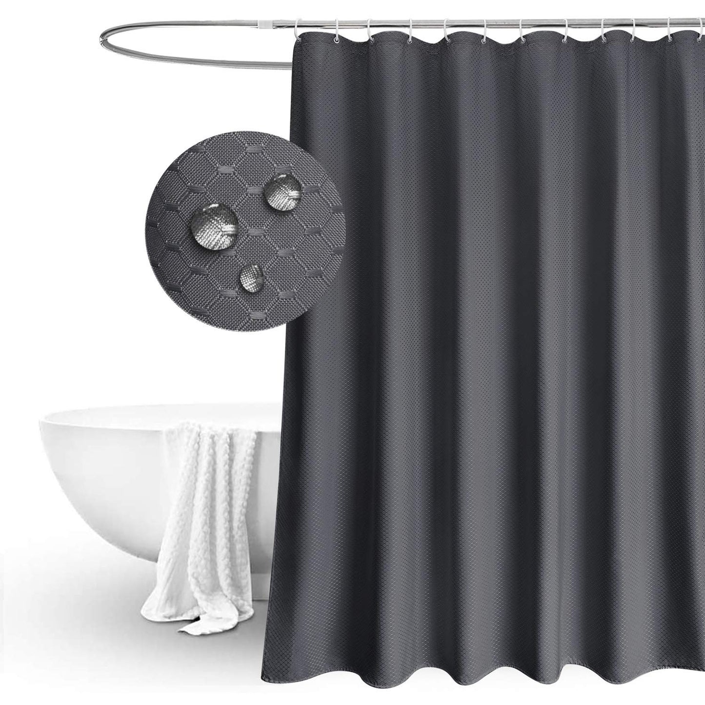EurCross Long Shower Curtain 200cm Drop, Dark Grey Waffle Fabric Washable Water Repellent Mildew Resistant Polyester Shower Curtains 180 x 200cm