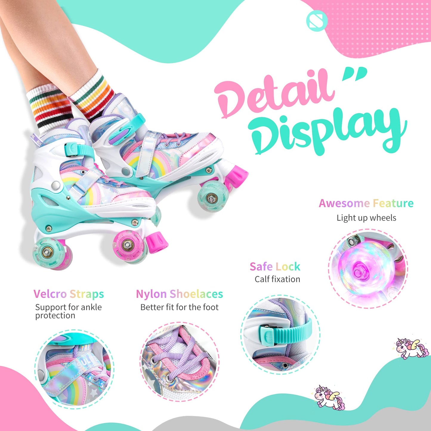 SULIFEEL Rainbow Unicorn 4 Size Adjustable Light up Roller Skates for Girls Boys for Kids - Small 9C-12C UK