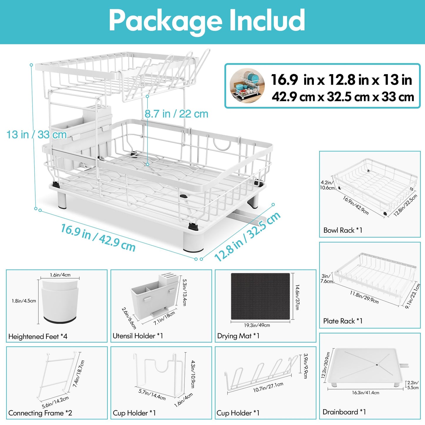 MAJALiS Dish Drying Rack, 2 Tier Dish Drainer Rack with Drip Tray and Drainer Mat, Stainless Steel Dish Rack with Utensil Holder, Swivel Spout,
