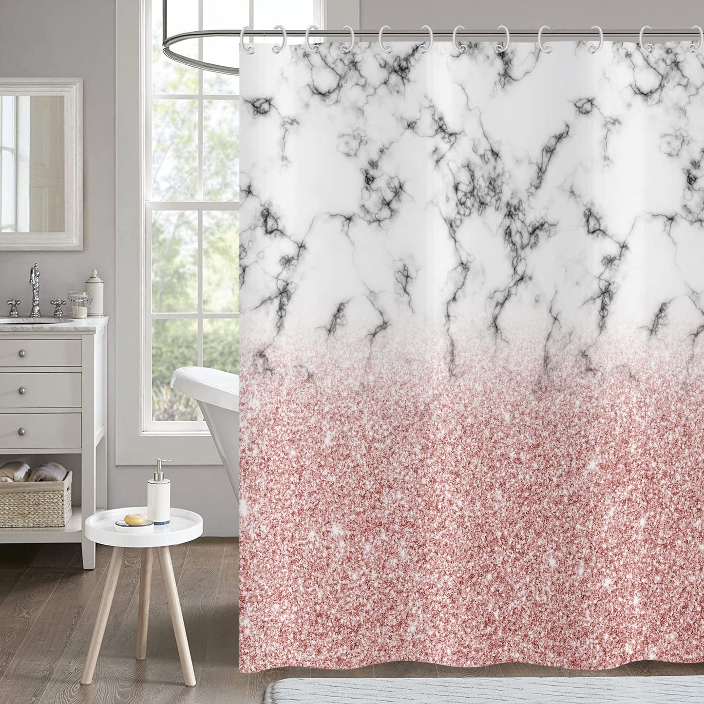 Hnmdmyi Pink Shower Curtain 180x180, Rose Gold Glitter Shower Curtains Grey and White Marble Bathroom Curtains Abstract Modern Luxury Art Waterproof