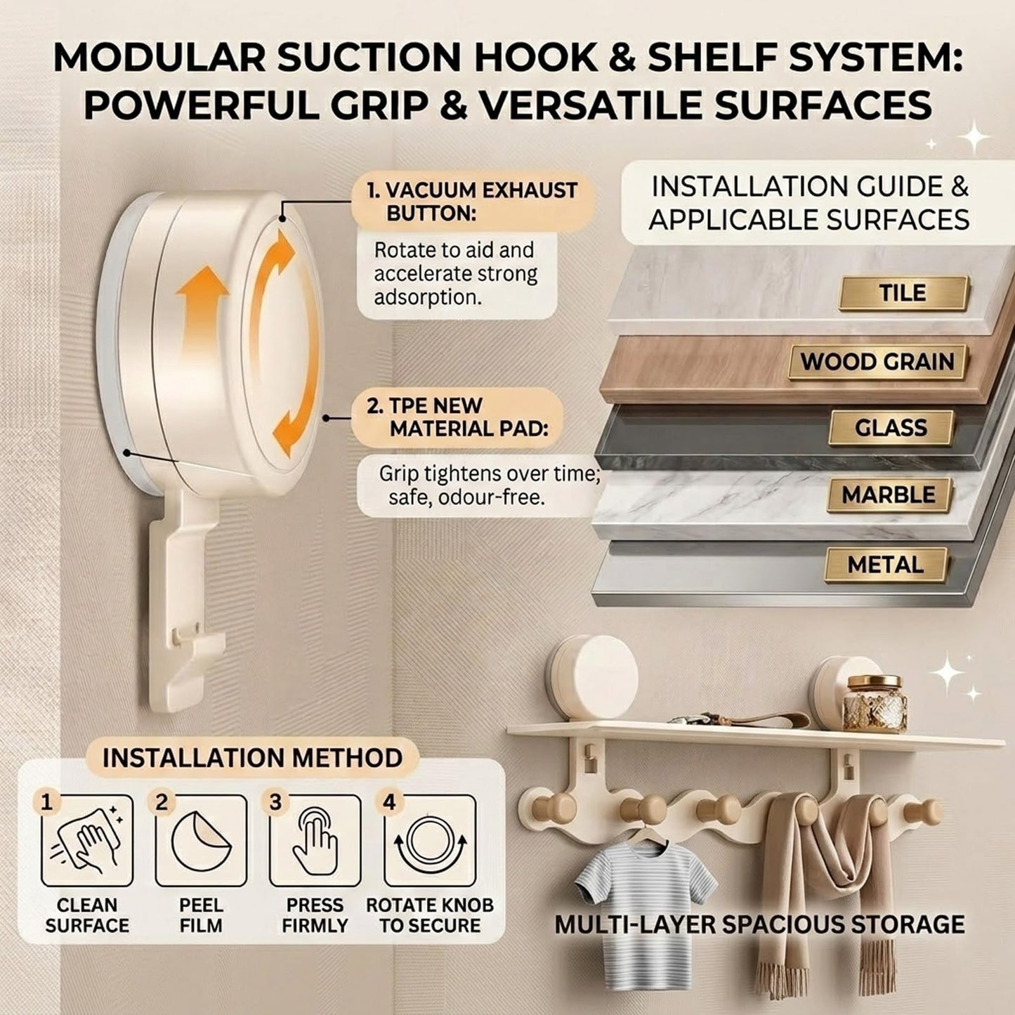 Coat Hooks Wall Mounted - Cream Coat Rack with Shelf & 6 Hooks, No-Drilling Suction Wall Mounted Jacket Hanger