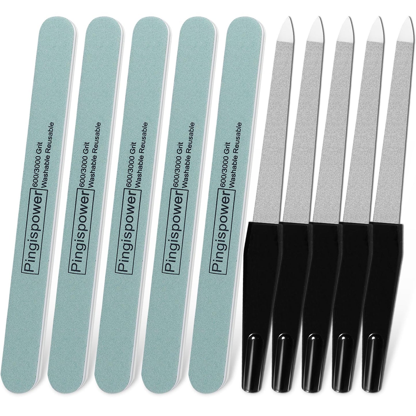 Pingispower 10PCS Nail Care Kit - 5 Metal Files & 5 Korean Buffers (600/3000 Grit) | Reusable & Hand Washable | Bend-Resistant Nail Tools for