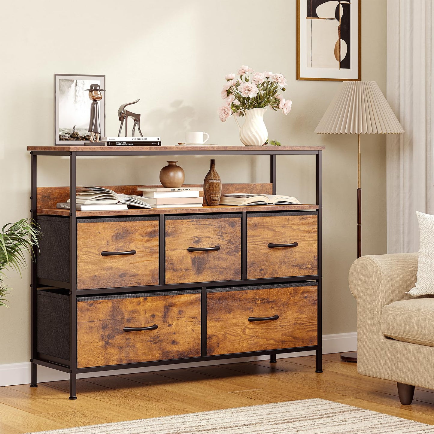 Feonase Chest of Drawers, 5 Drawers Dresser with TV Stand, Metal Frame and MDF Top Board, Adjustable Feet, Storage Unit Ideal for Bedroom, Living