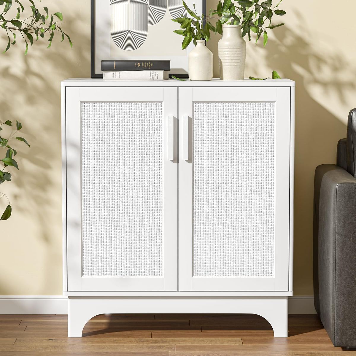 Yvsevnr White Sideboard Wooden Buffet Storage Cabinet for Living Room, Rattan Kitchen Cupboard with Adjustable Shelf, Magnetic Closure