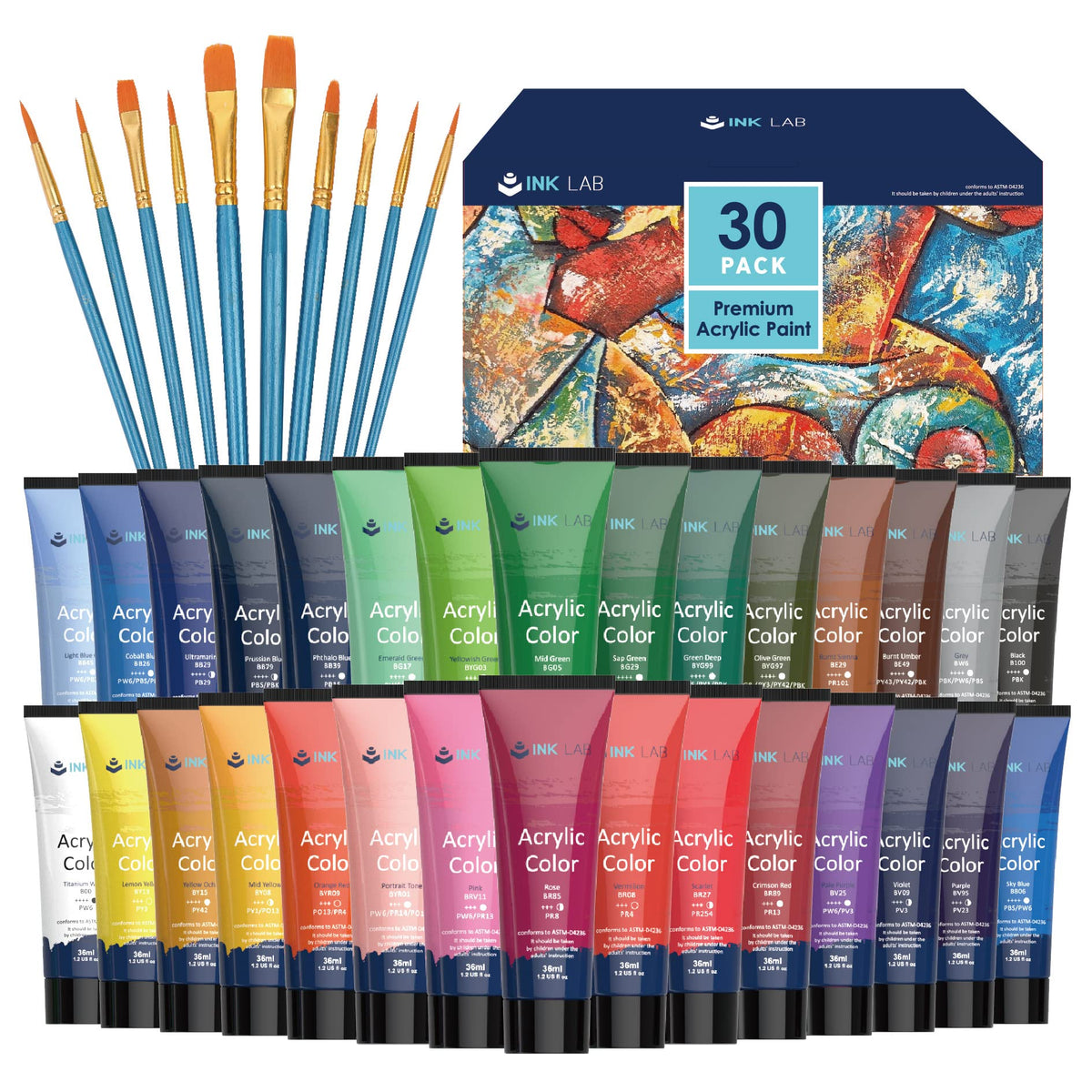 INK LAB Acrylic Paint Set 30 Colours Acrylic Paints in Tubes Non Toxic for Artists Beginners Painting on Canvas Wood Fabric Rocks, 36ml/Tube, Rich