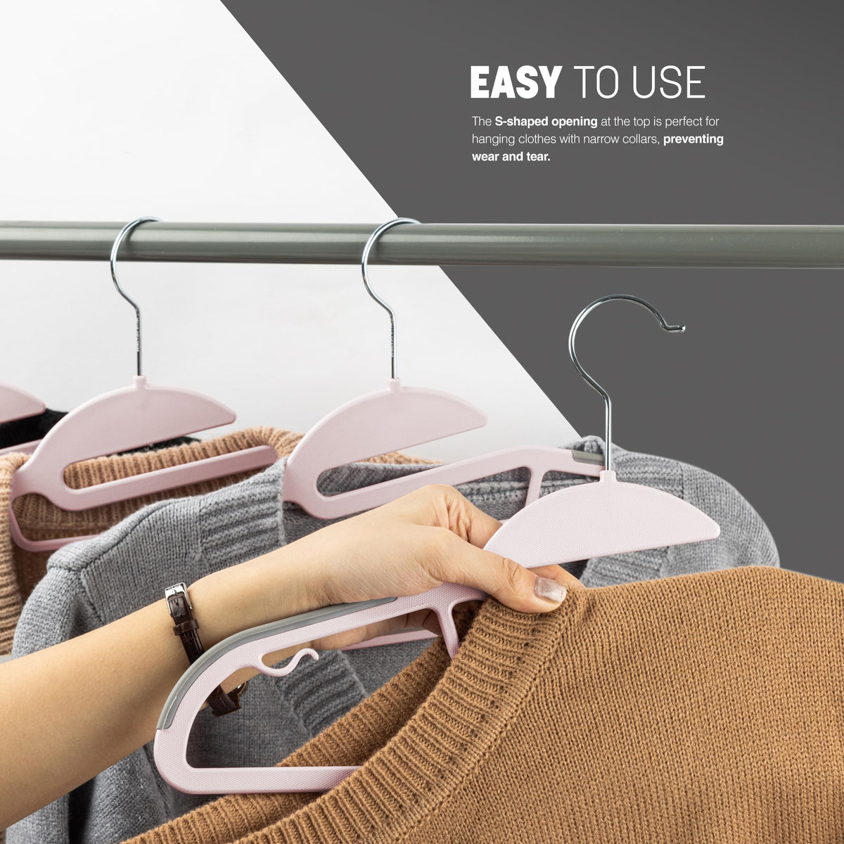 KEPLIN 50-Pack Non-Slip Hangers – Durable, Slimline Design for Space Saving with 360° Swivel, Tie Organiser, Strap Hooks, and S-Shape Opening - Blush