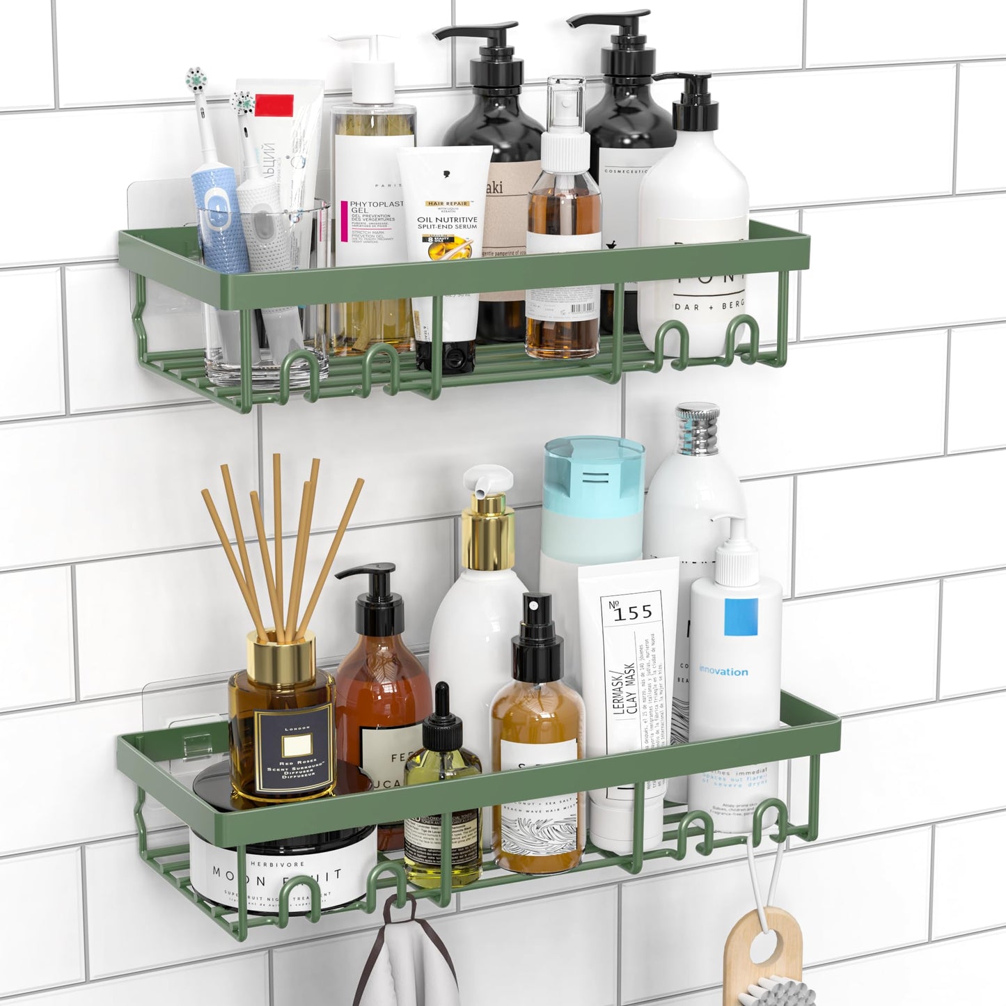 DIFULI Shower Caddy Shelf Organiser 2 Pack, No Drill Sage Green Shower Shelves,Self Adhesive Bathroom Storage Accessories